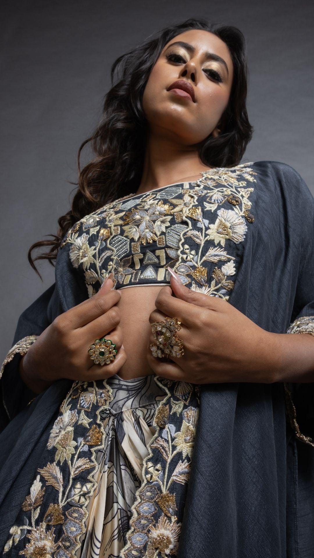 Grey Printed Saree with Printed Bustier and Cutwork Cape With Slit Sleeve