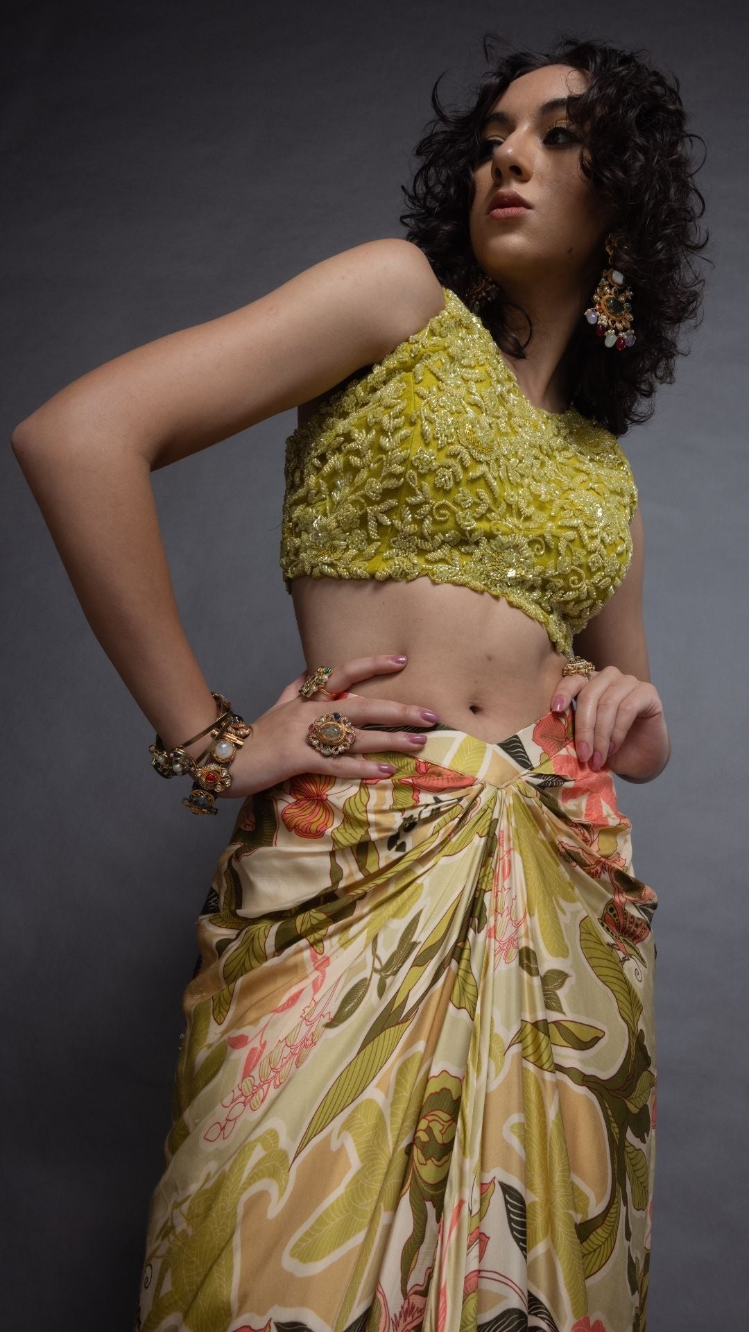 Lime Hand Embroidered Halter Neck Top and Printed Drape Skirt