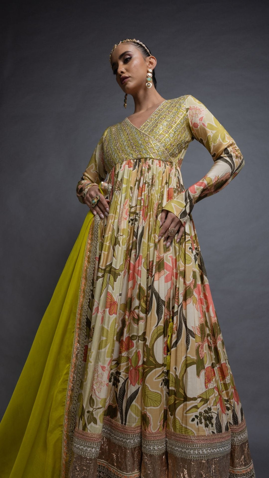 Lime Embroidered Mock Tie-Up Yoke and Floral Abstract Printed Angrakha with Solid Lime Pant and Dupatta