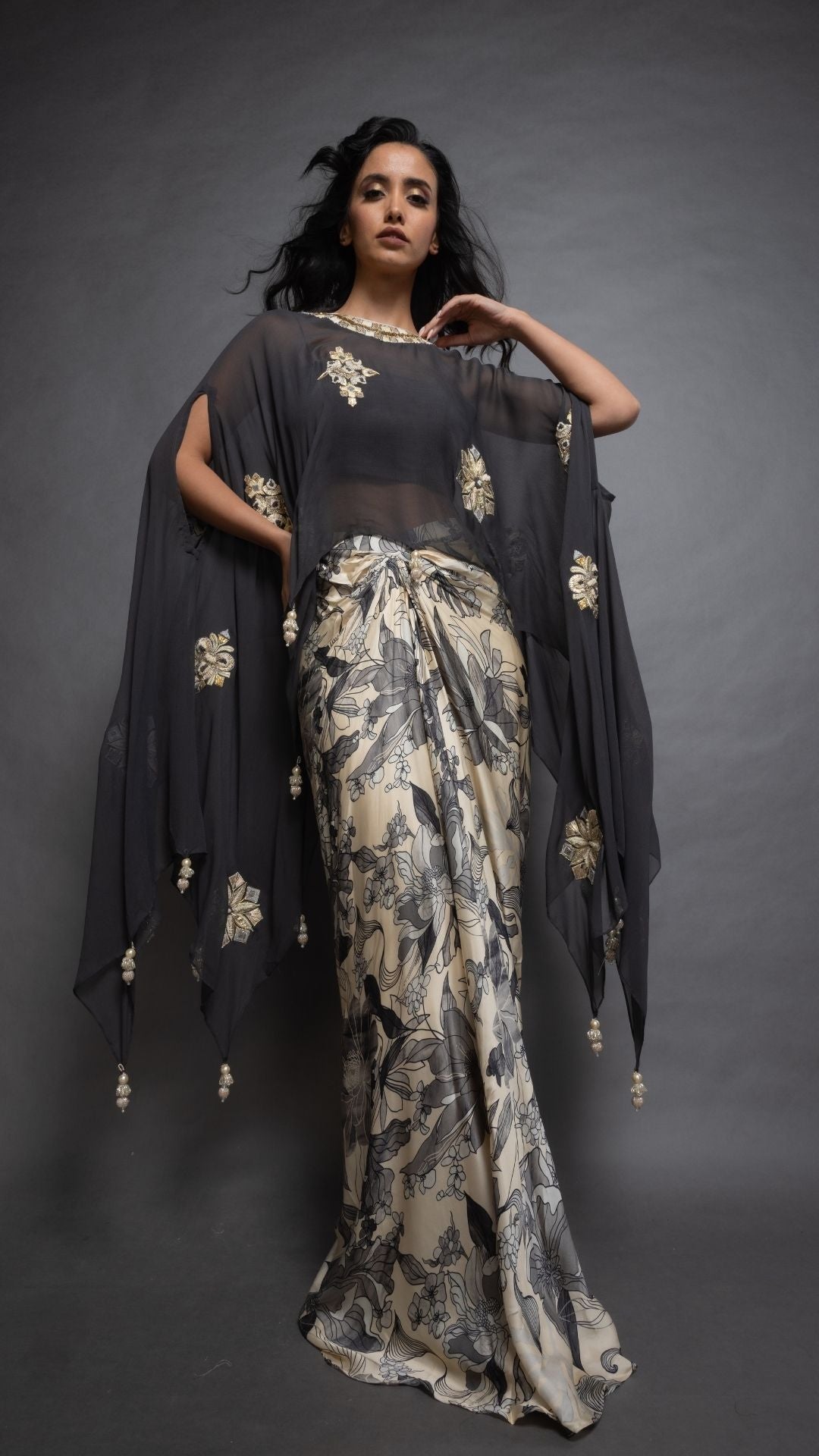 Grey Embroidered Short Closed Neck Poncho with A Bustier and Floral Abstract Printed Drape Skirt
