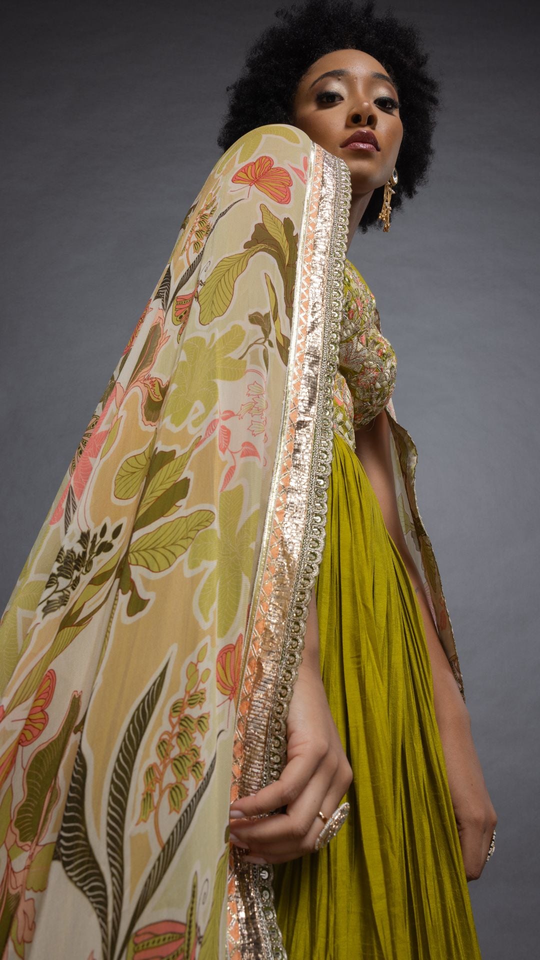 Lime Embroidered Half Cup Bralette Kalidar with Churidar and Printed Dupatta