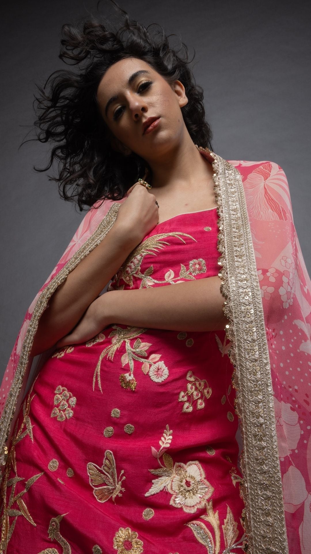Pink Noodle Strap Kurta with Sharara and Printed Dupatta