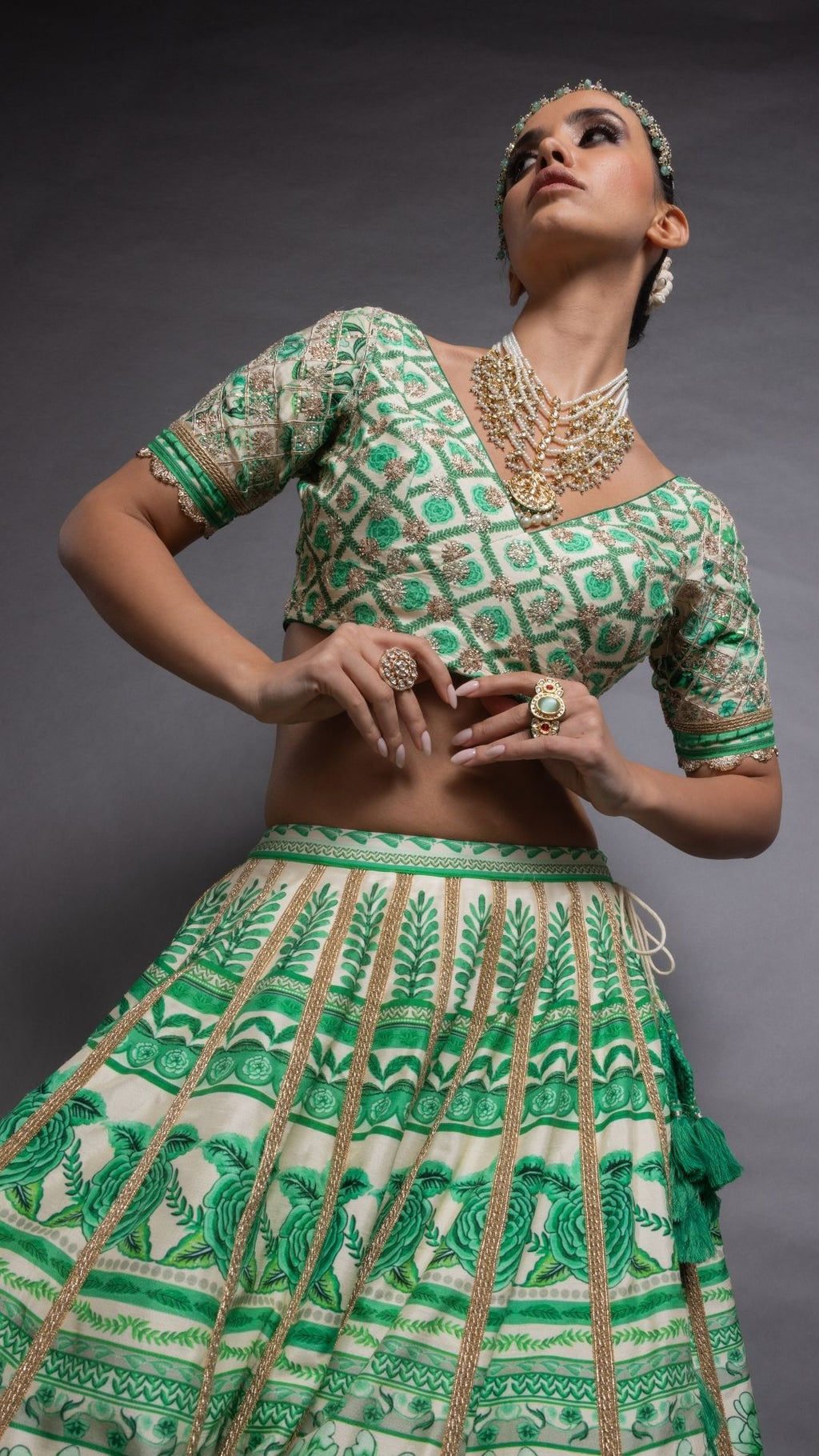 Green Floral Placement Printed V Neck Half Sleeves Blouse with Floral Placement Printed Lehenga and Dupatta