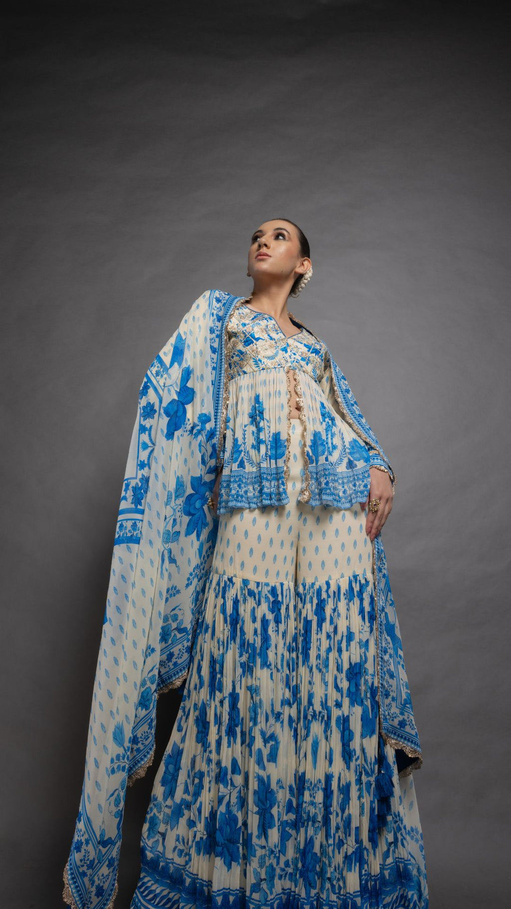 Blue Placement Printed Peplum Sharara and Dupatta