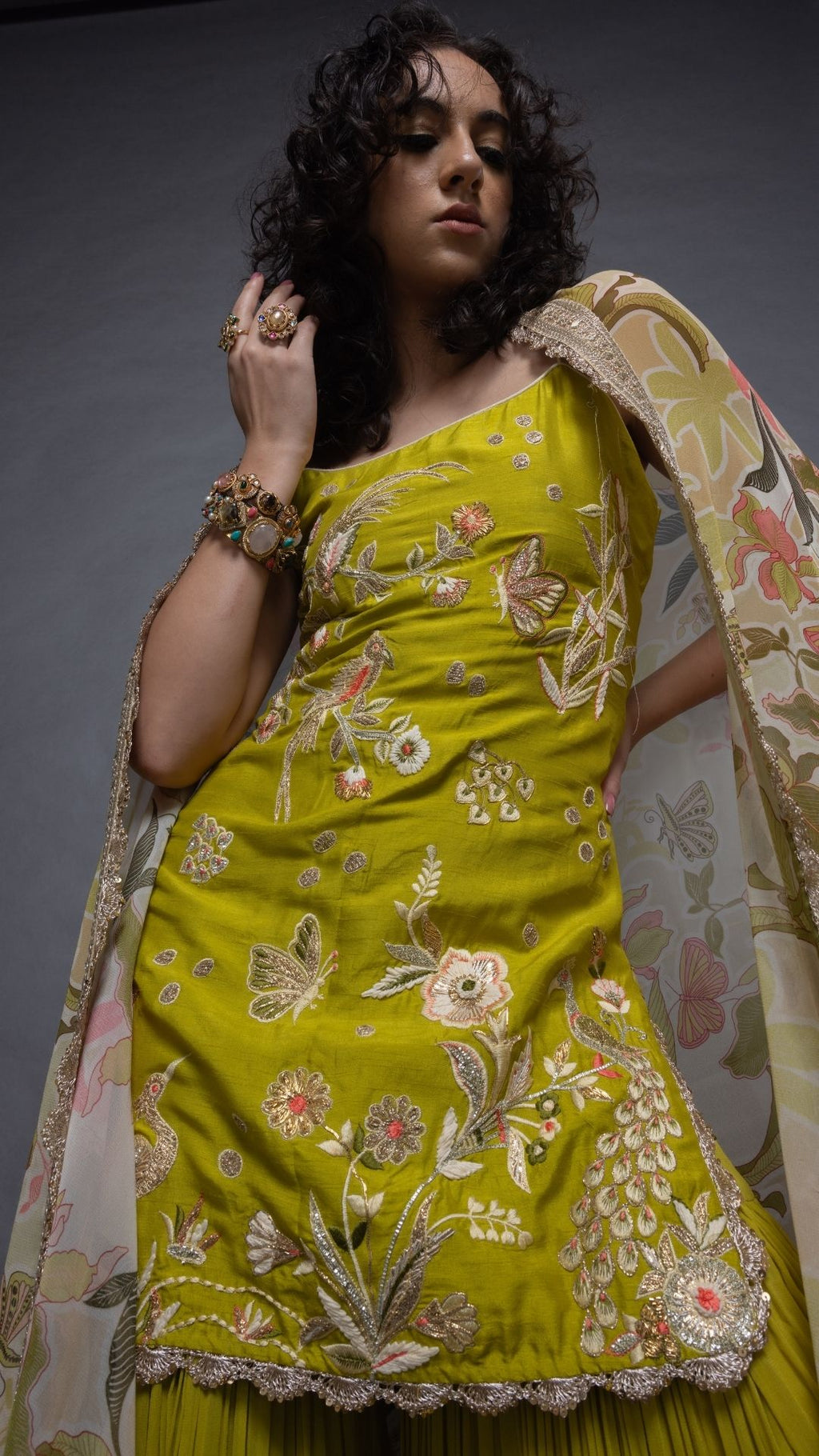 Lime Noodle Strap Kurta with Sharara and Printed Dupatta