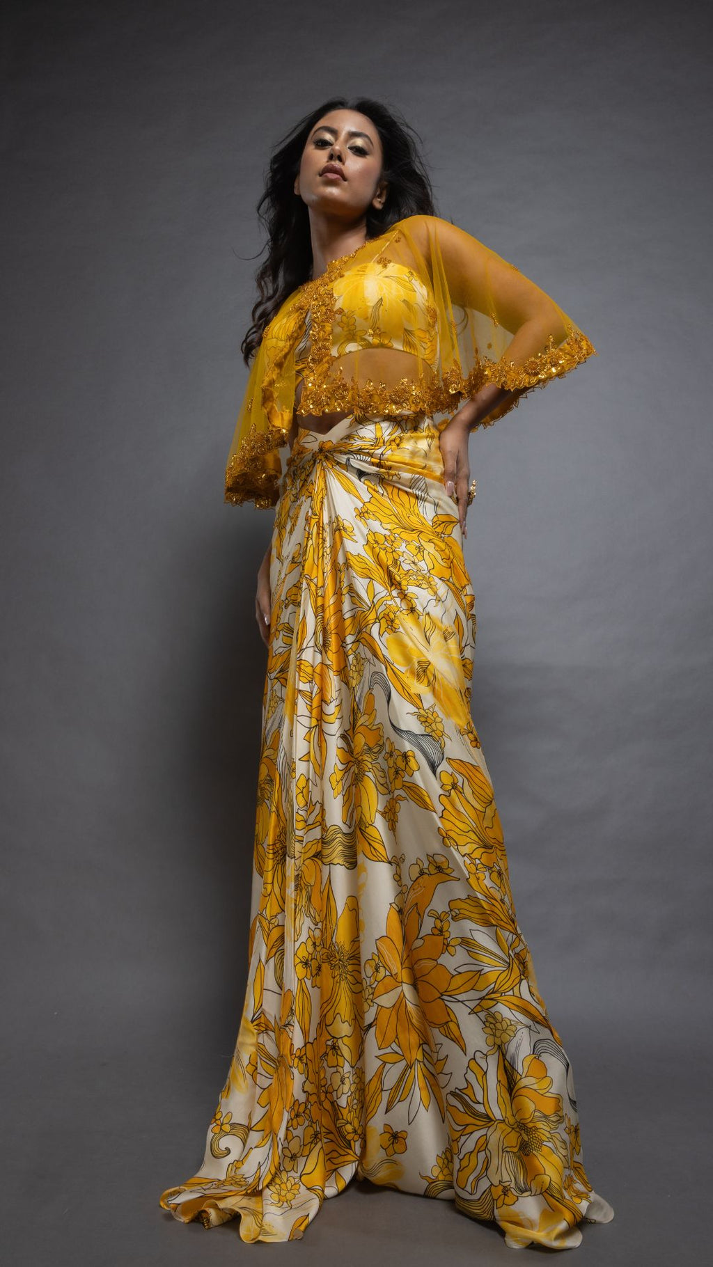 Solid Mustard Embroidered Single Button Short Cape with Abstract Printed Bustier and Floral Abstract Printed Drape Skirt