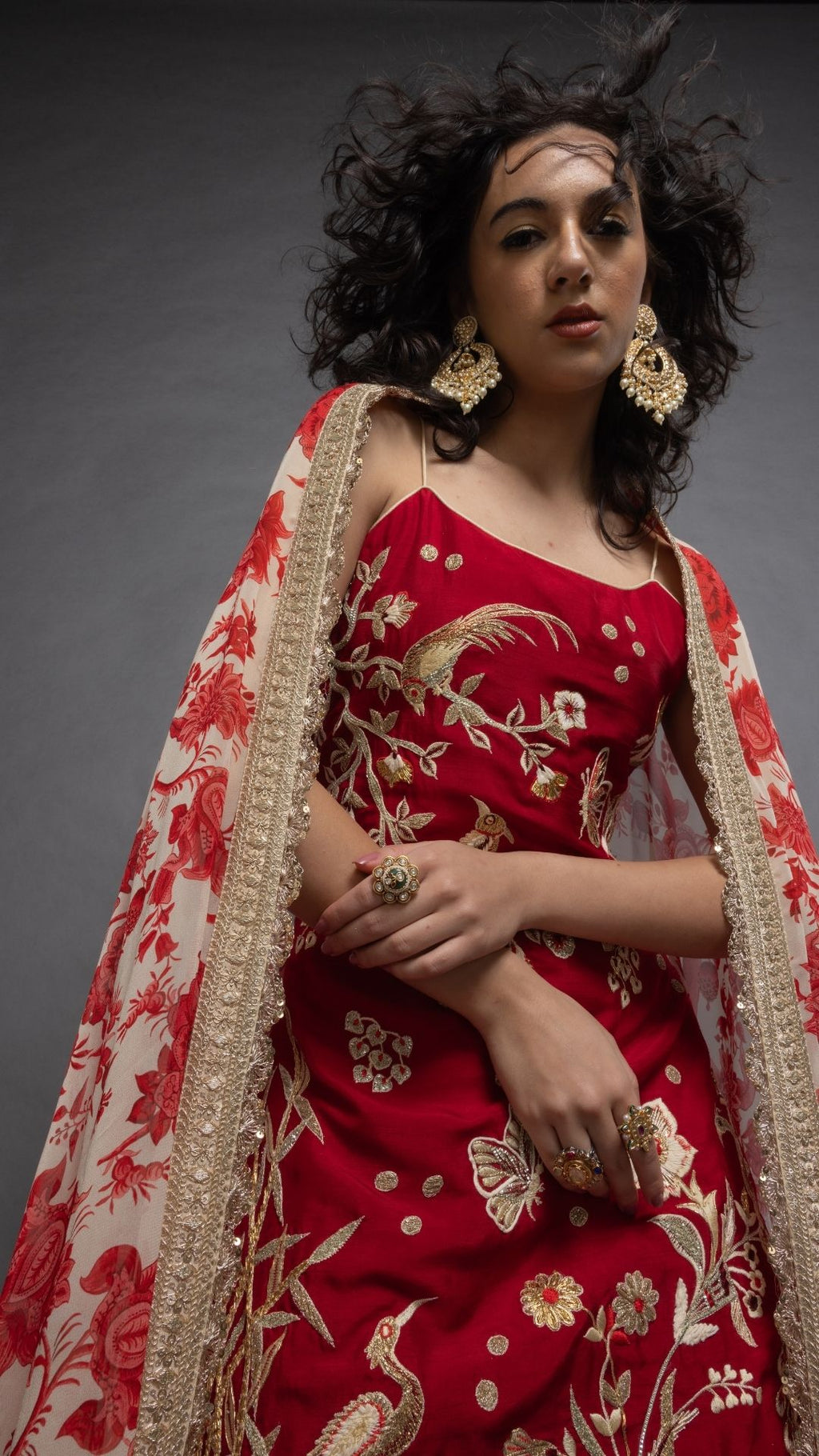 Red Noodle Strap Kurta with Sharara and Printed Dupatta