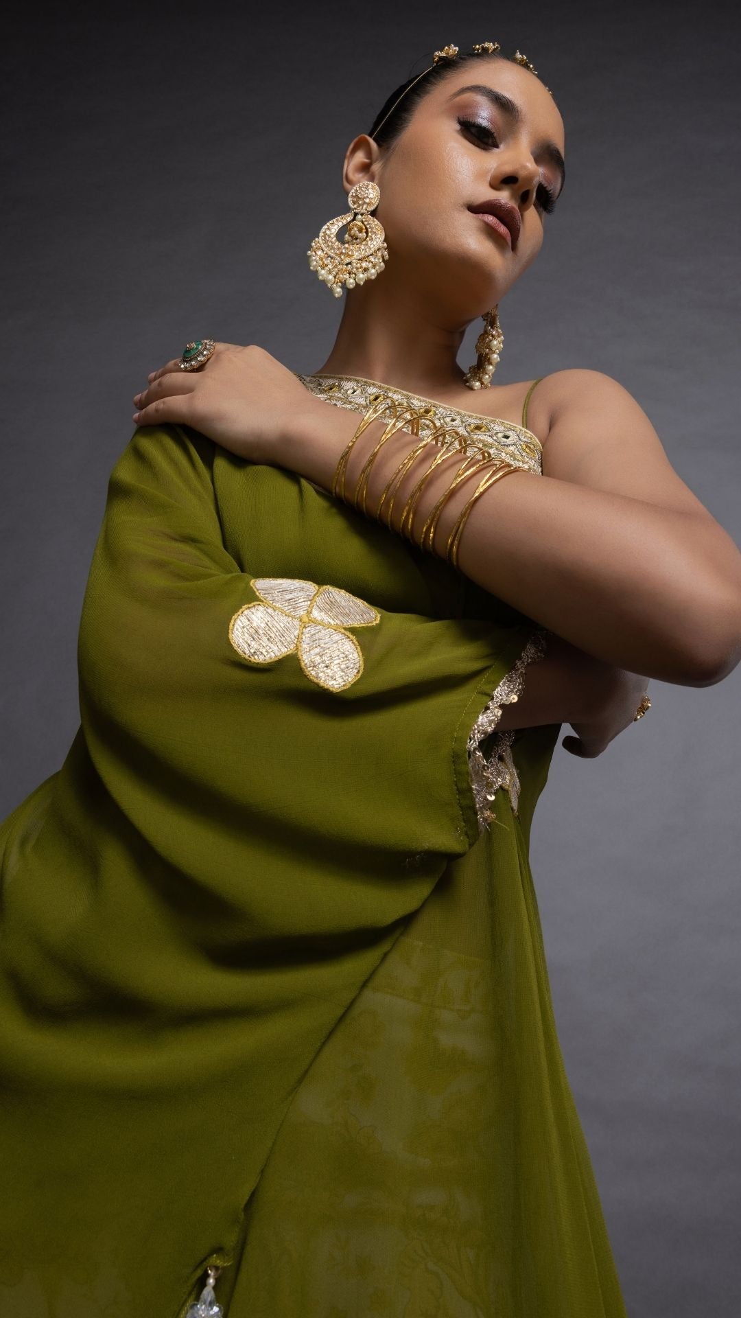 Olive One Shoulder Embroidered Short Poncho with Bustier and Printed Crushed Sharara