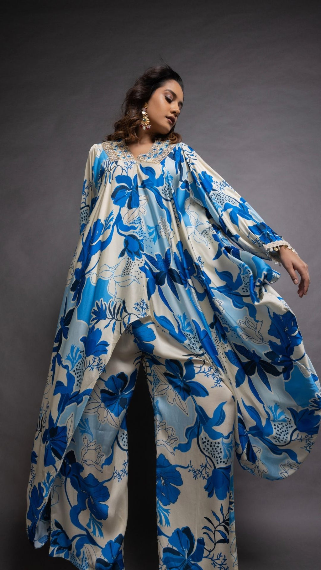 Blue Waterfall Floral Abstract Printed V-Neck Embroidered Top and Pant