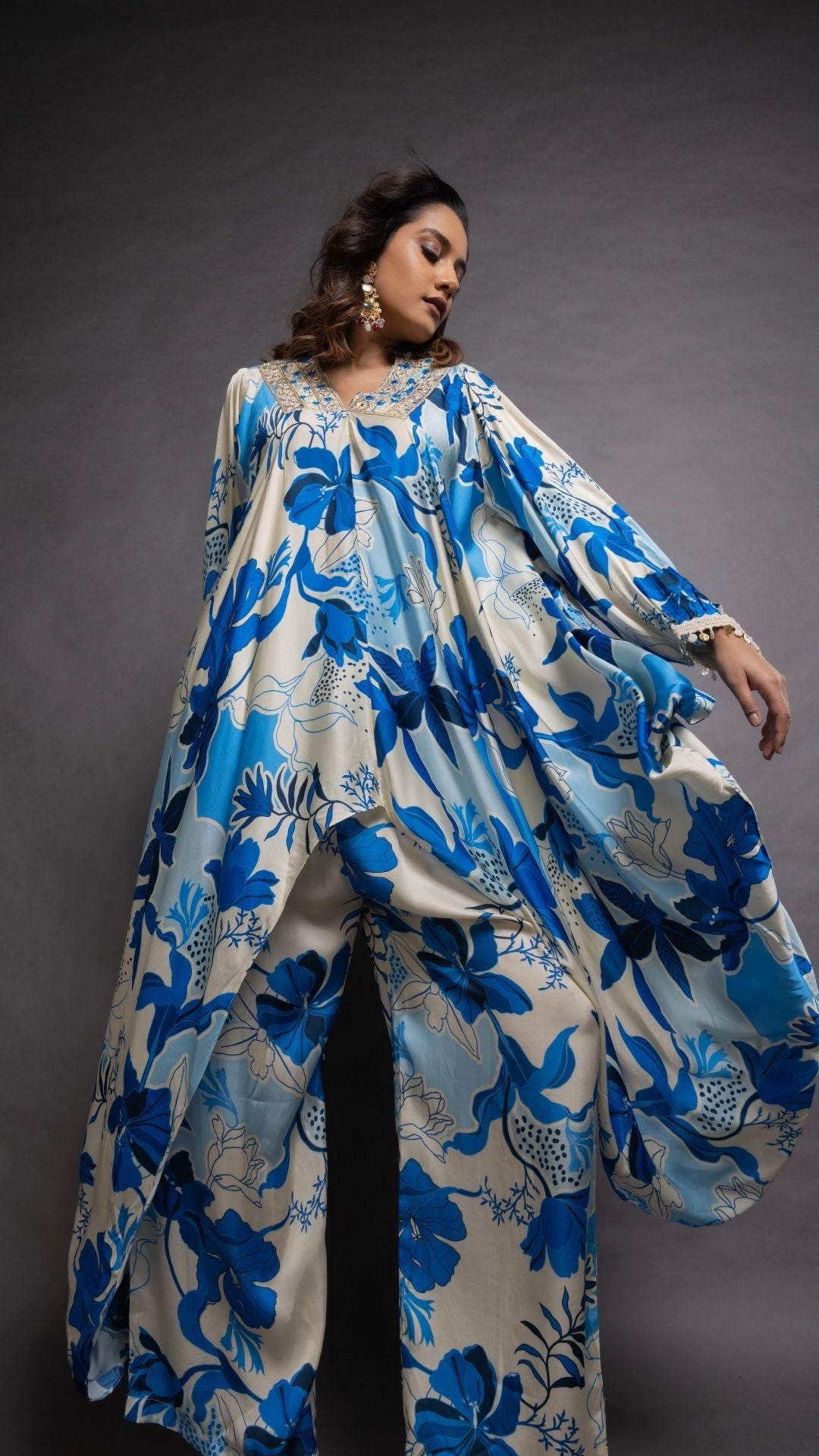 Blue Waterfall Floral Abstract Printed V-Neck Embroidered Top and Pant