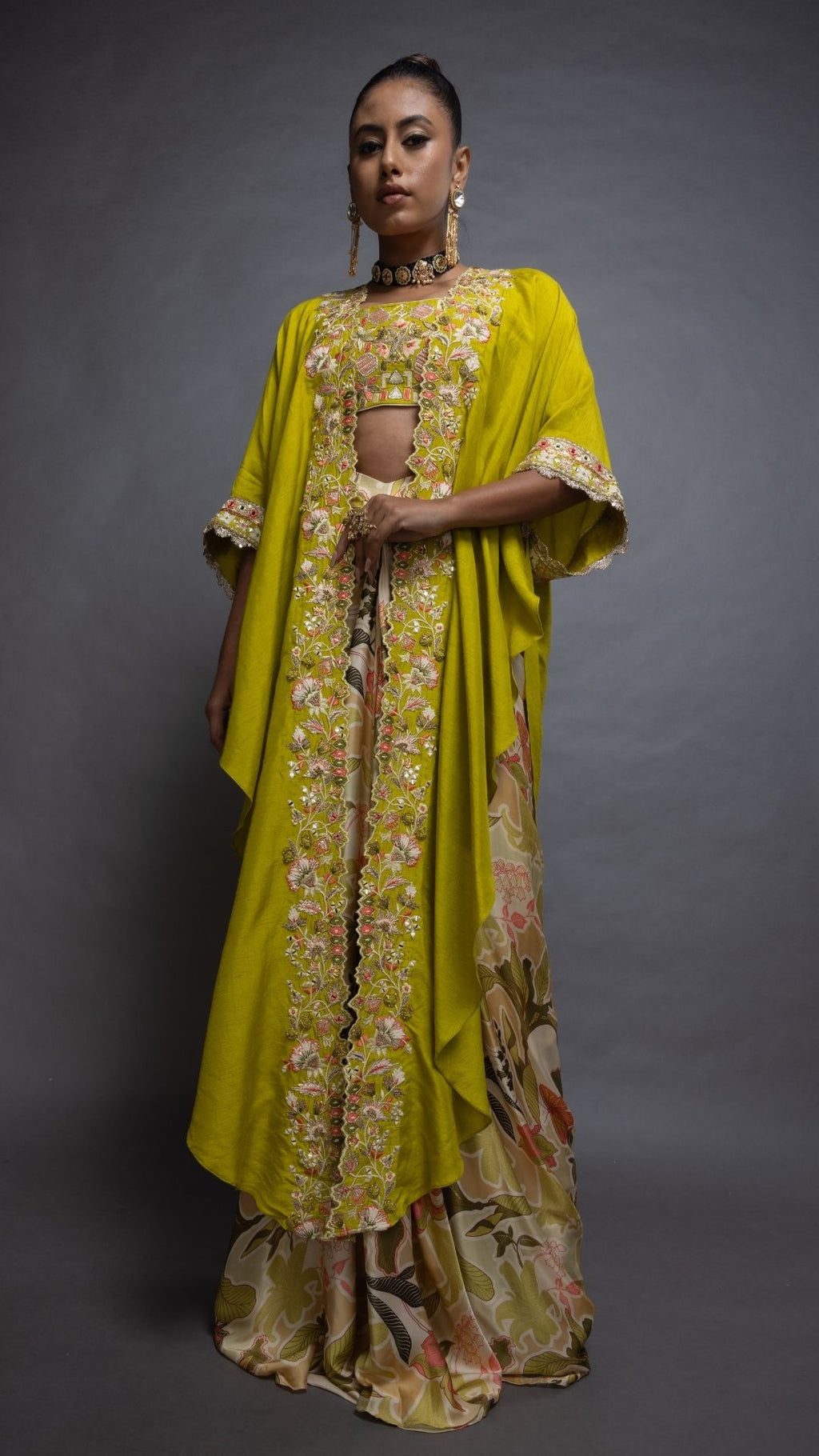 Olive Silk Cutwork Embroiderd Cape with Olive Embroidered Bustier and Modal Printed Drape Skirt