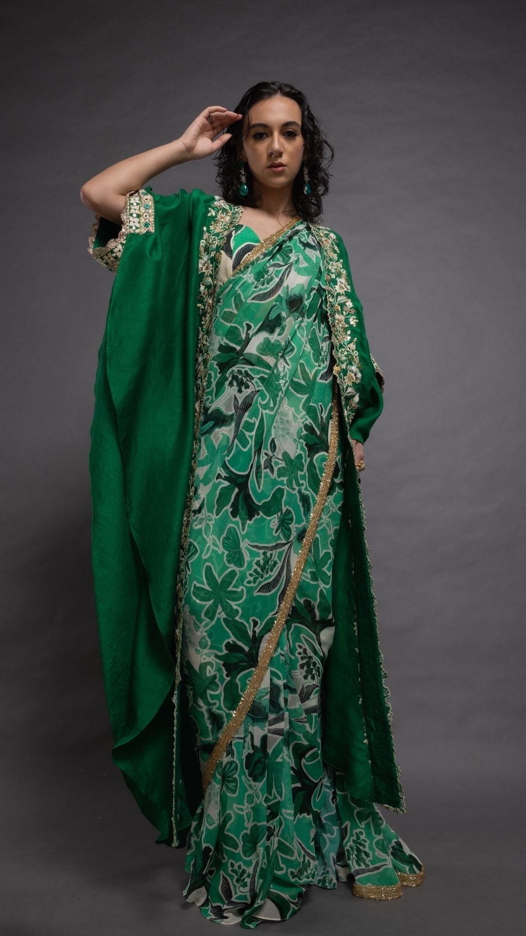Green Printed Saree with Printed Bustier and Cutwork Cape With Slit Sleeve