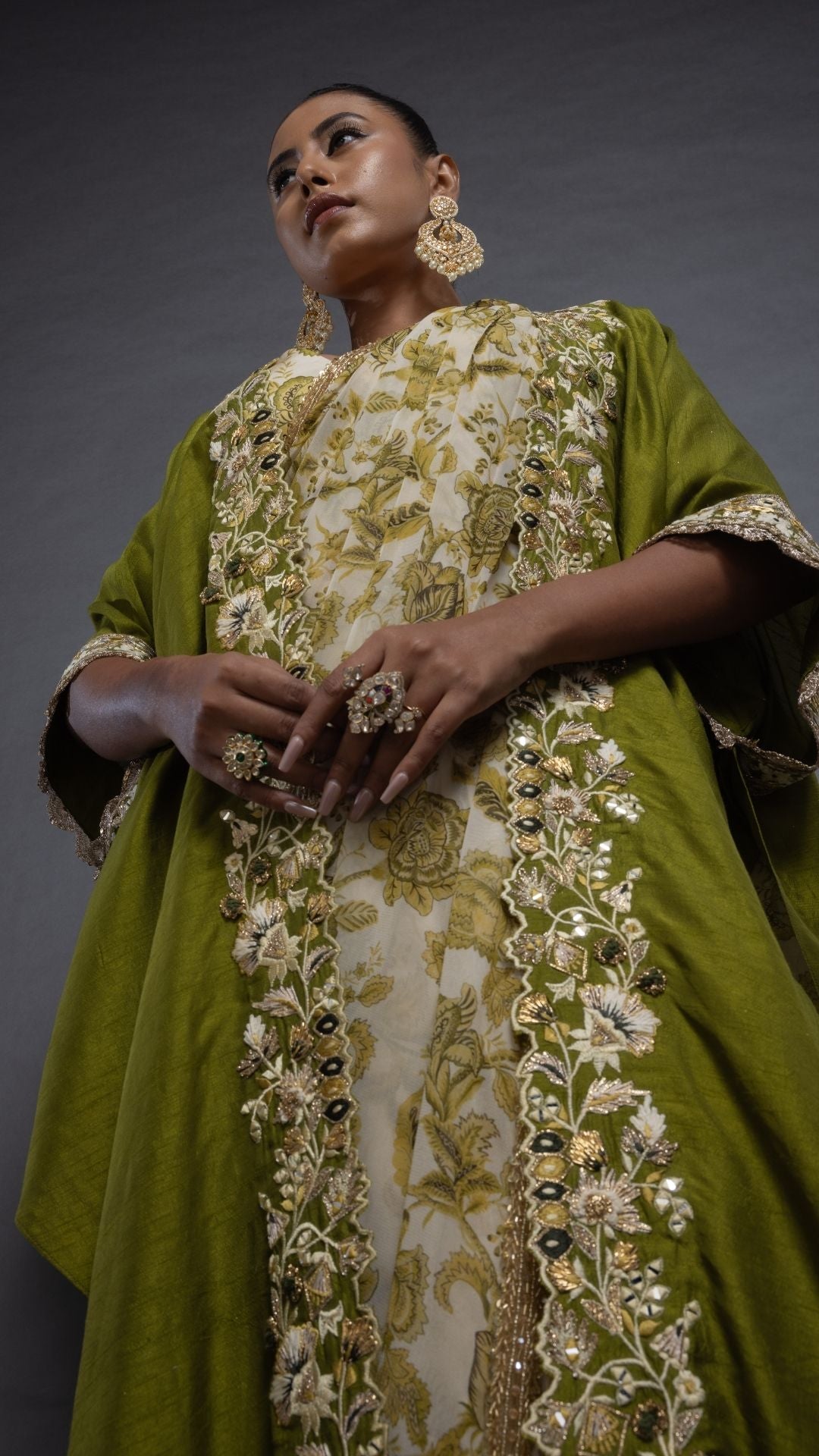 Olive Printed Saree with Printed Bustier and Cutwork Cape with Slit Sleeve