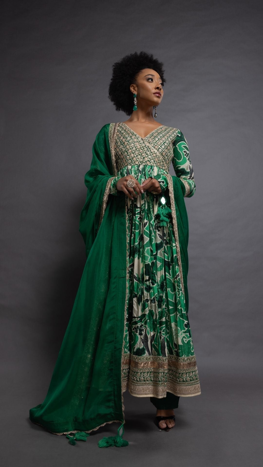 Green Embroidered Mock Tie-Up Yoke and Floral Abstract Printed Angrakha with Solid Green Pant and Dupatta.