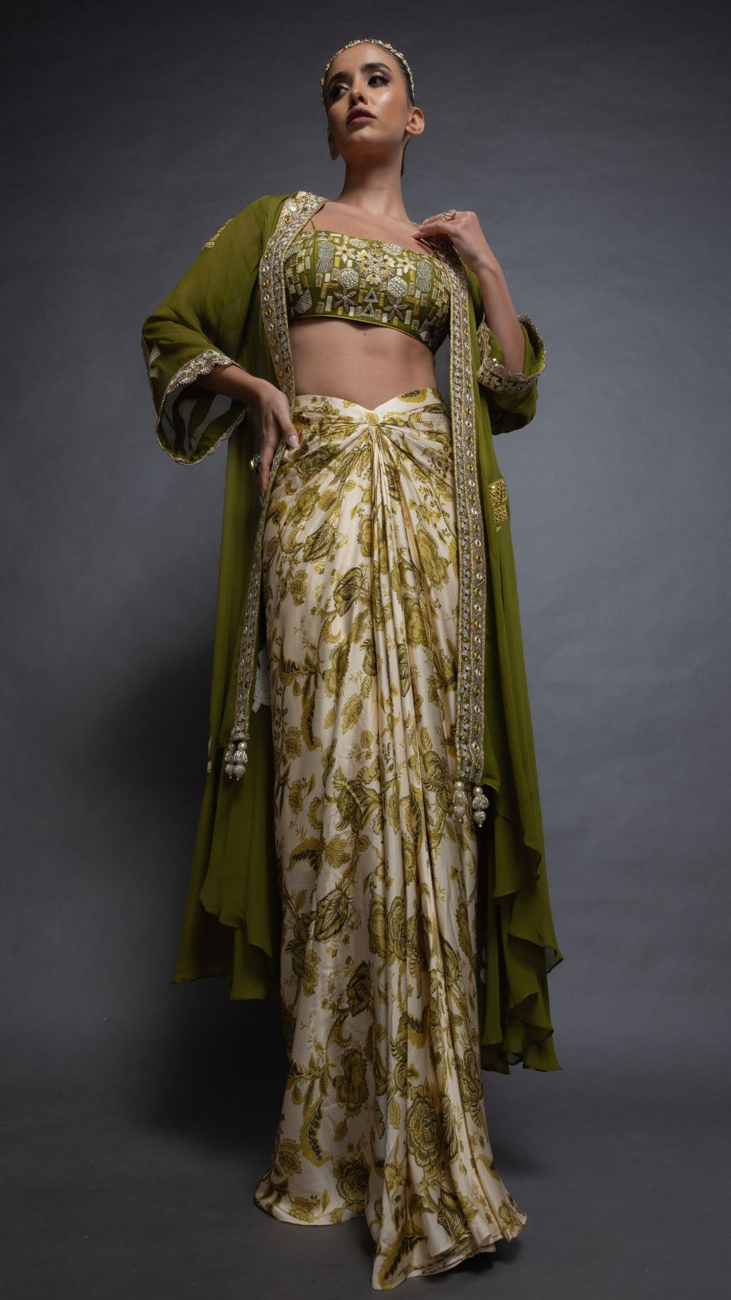 Solid Olive Embroidered Waterfall Cape with Embroiderd Bustier and Abstract Floral Printed Drape Skirt