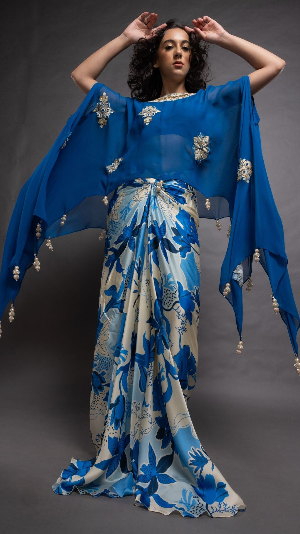 Royal Blue Embroidered Short Closed Neck Poncho with A Bustier and Floral Abstract Printed Drape Skirt