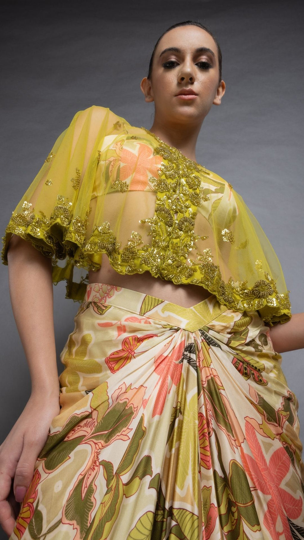Solid Light Green Embroidered Single Button Short Cape with Abstract Printed Bustier and Floral Abstract Printed Drape Skirt
