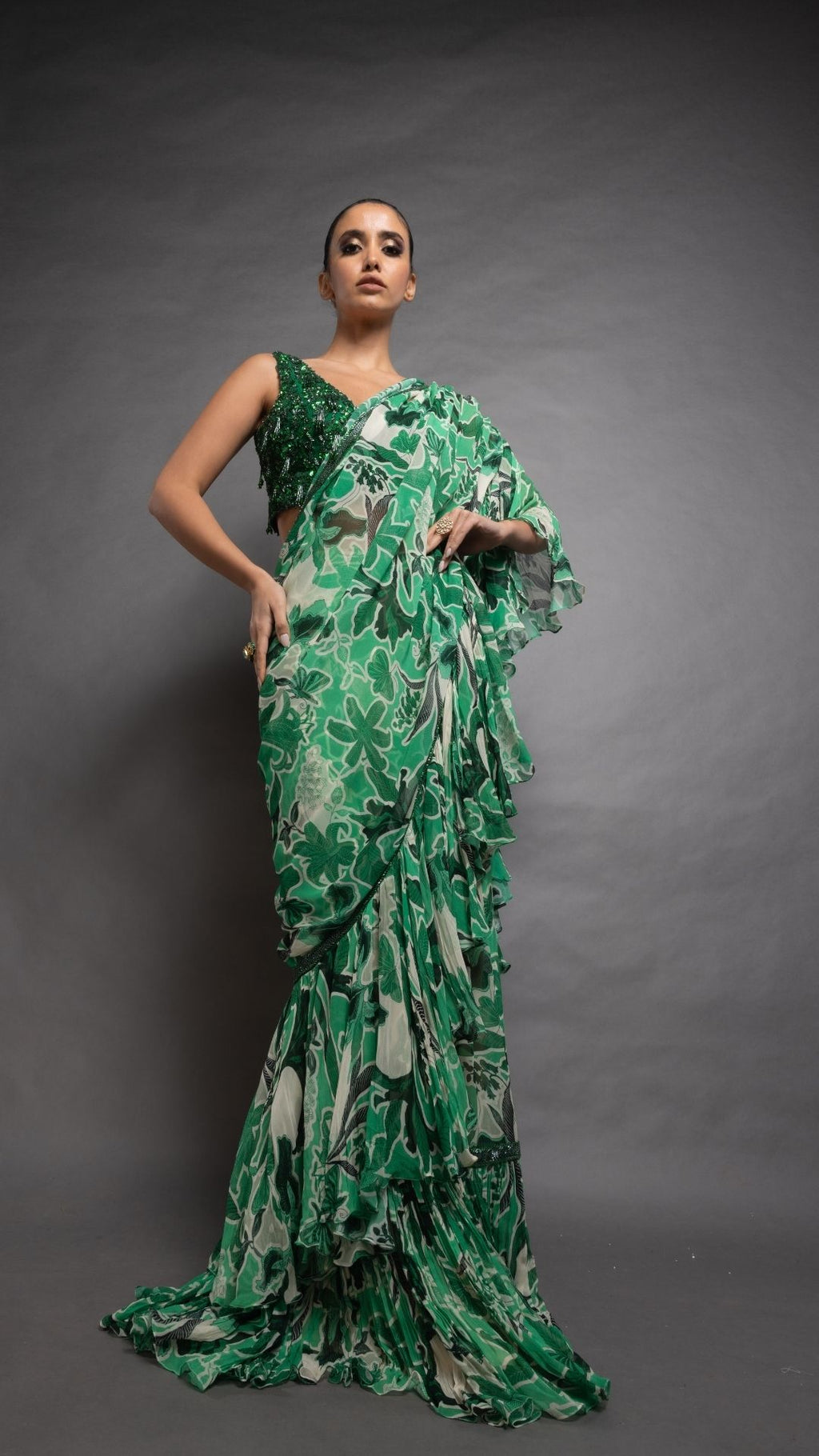 Green Floral Abstract Printed Big Frill Saree with Green V-Neck Embroidered Cutwork Blouse