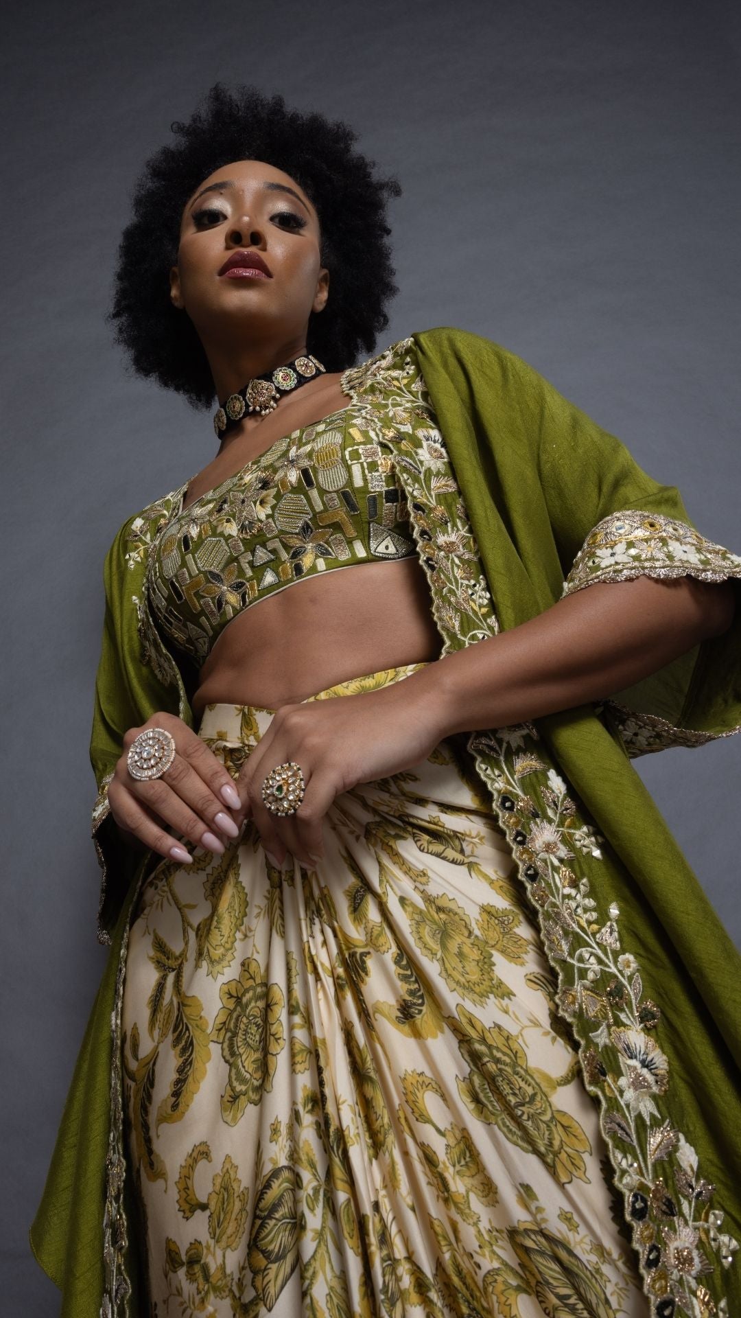 Olive Silk Cutwork Cape with Embroidered Bustier and Printed Modal Drape Skirt