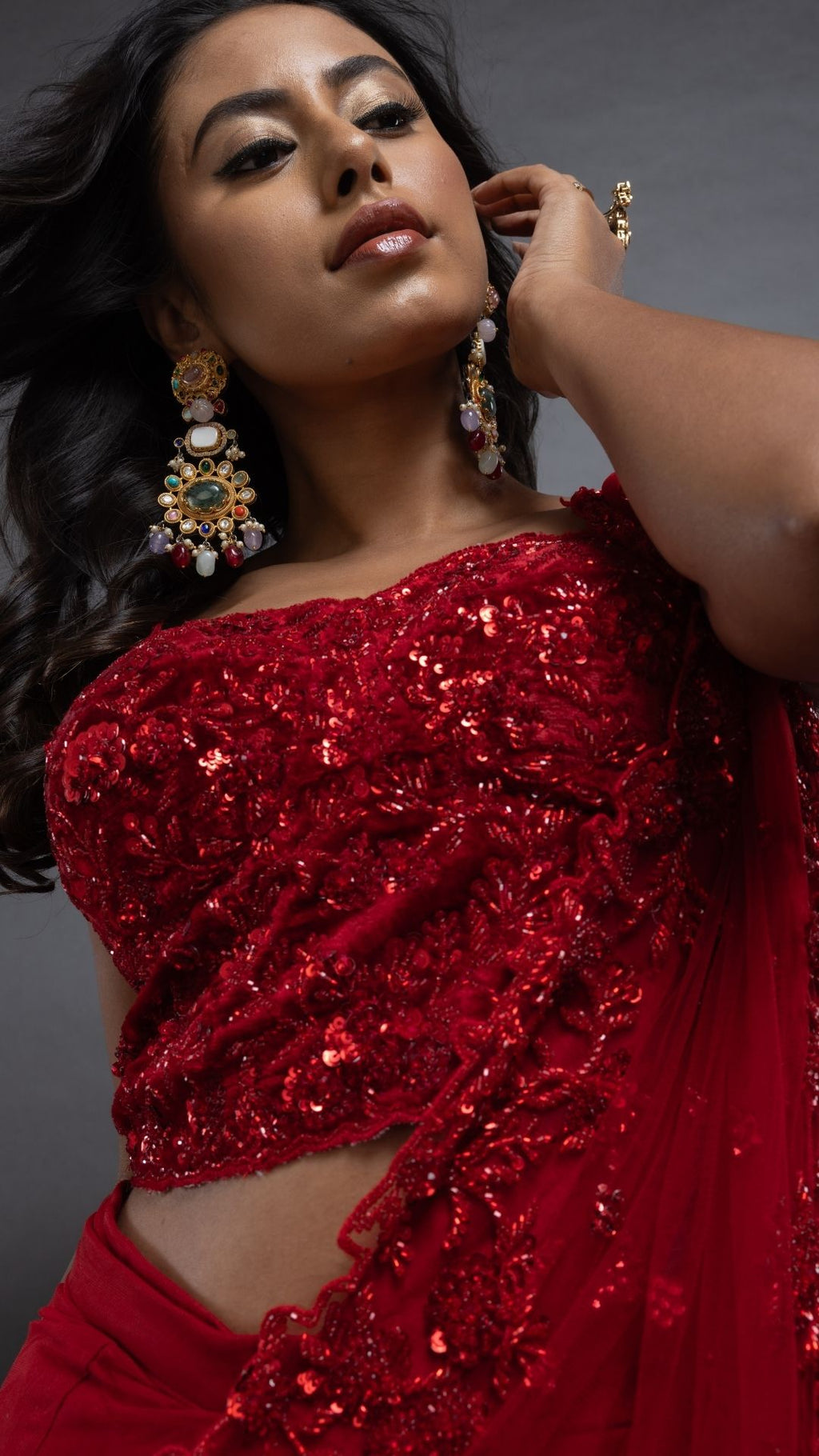 Red Embroidered Half Cup Bralette with Red Embroidered Pre-Stitched Saree