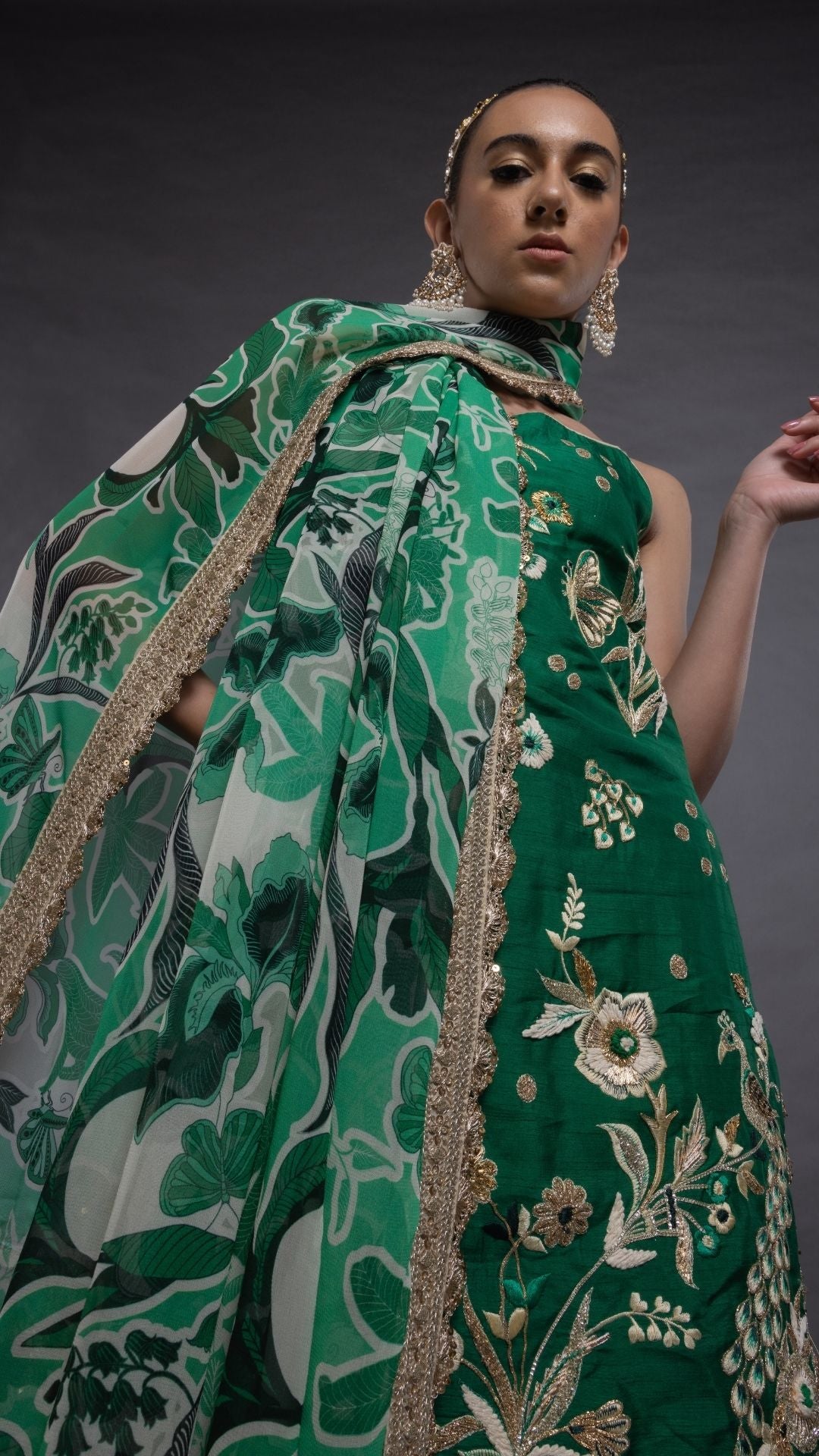 Green Noodle Strap Kurta with Sharara and Printed Dupatta