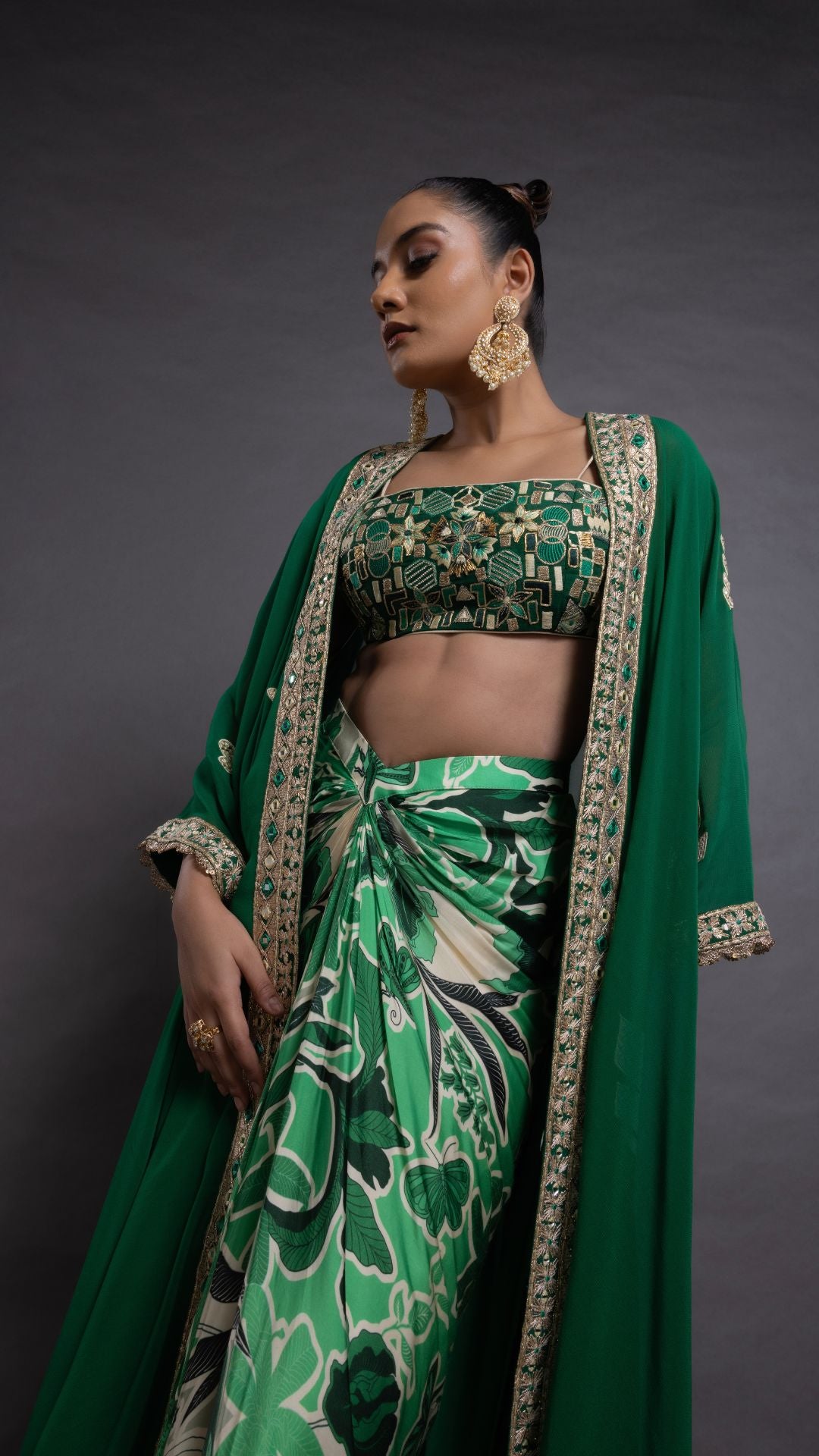 Solid Green Embroidered Waterfall Cape with Embroiderd Bustier and Abstract Floral Printed Drape Skirt