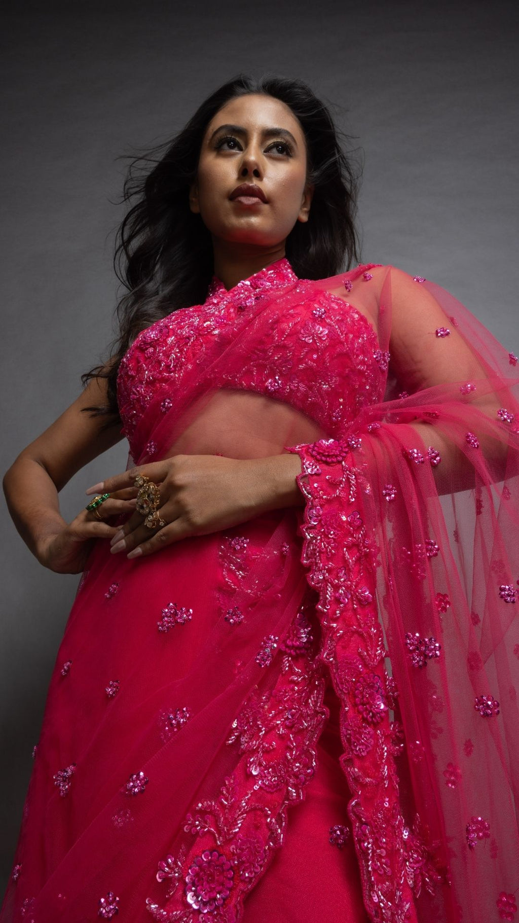 Pink Embroidered Around The Neck Choli with Pink Embroidered Pre-Stitched Saree