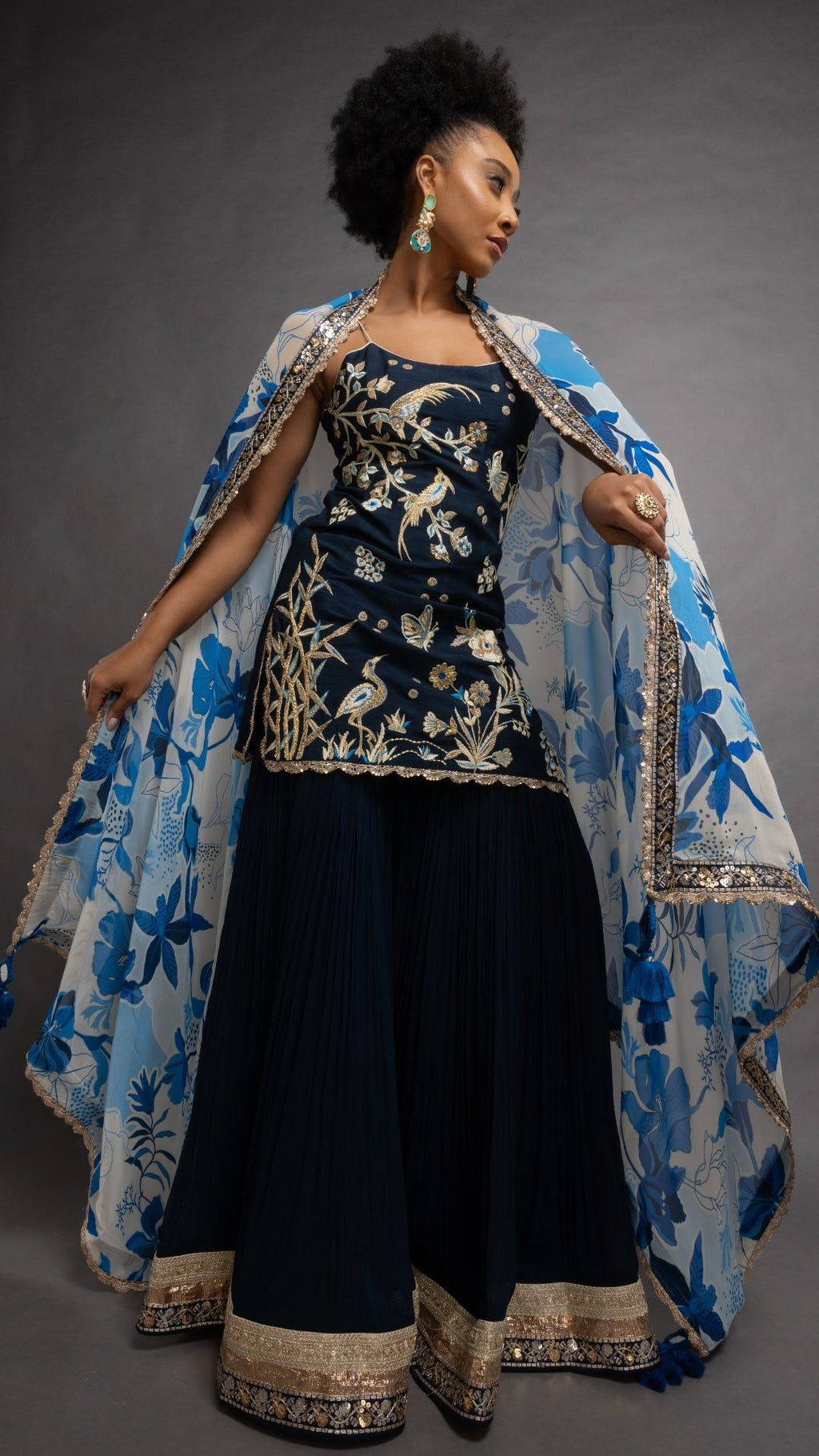 Blue Noodle Strap Kurta with Sharara and Printed Dupatta