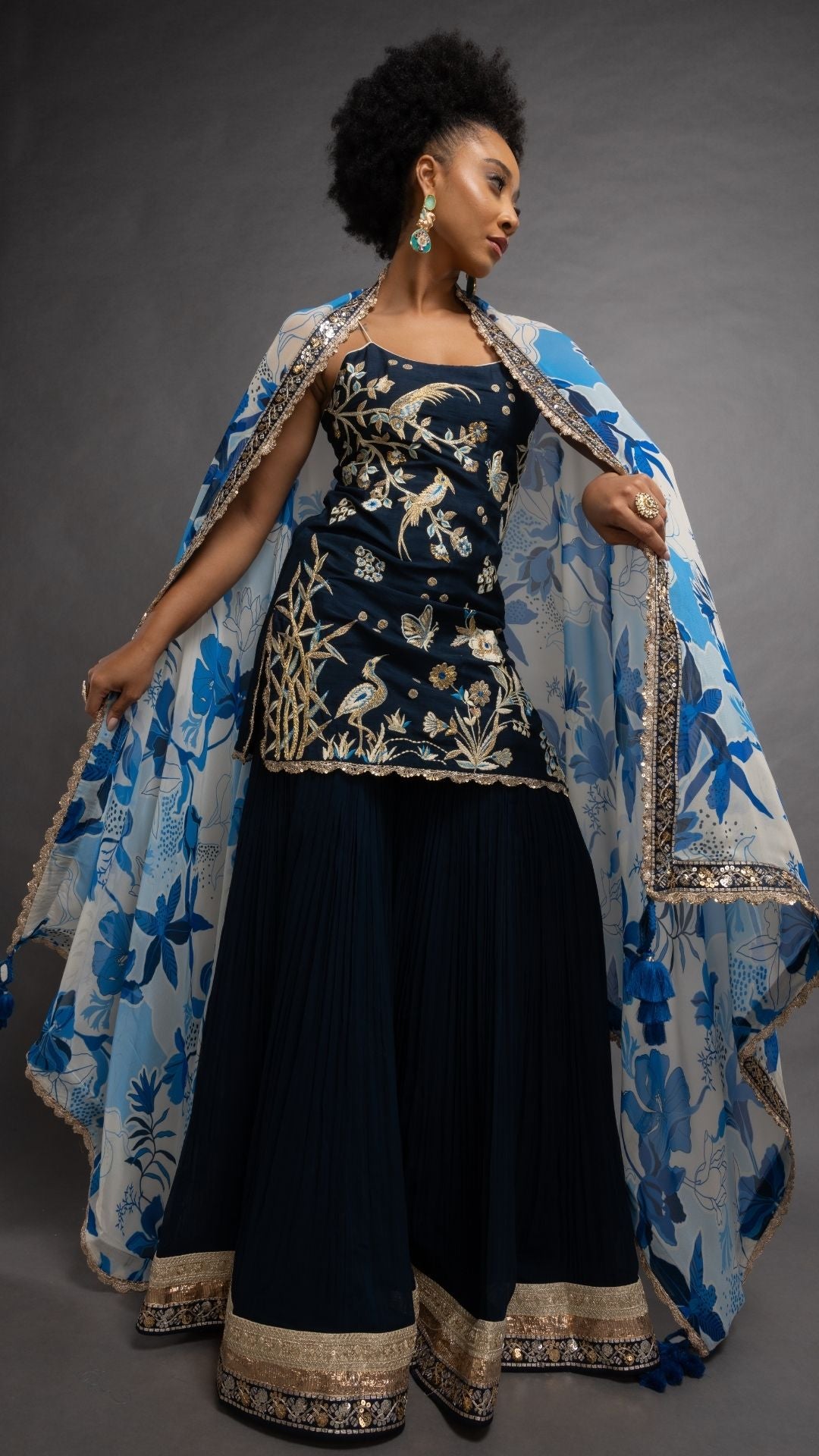 Blue Noodle Strap Kurta with Sharara and Printed Dupatta