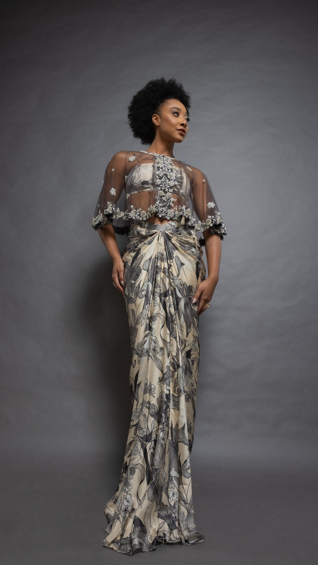 Solid Grey Embroidered Single Button Short Cape with Abstract Printed Bustier and Floral Abstract Printed Drape Skirt