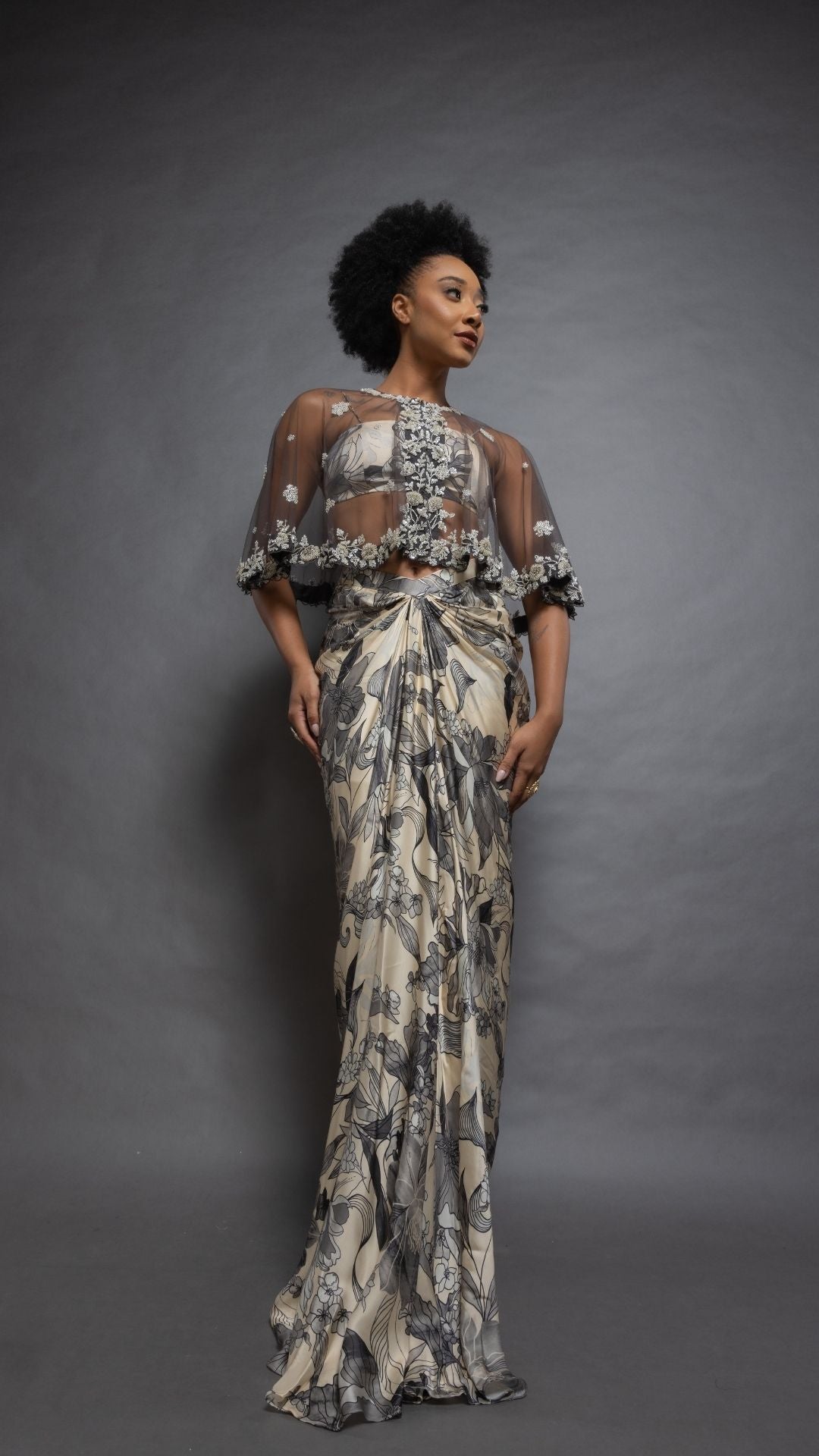 Solid Grey Embroidered Single Button Short Cape with Abstract Printed Bustier and Floral Abstract Printed Drape Skirt