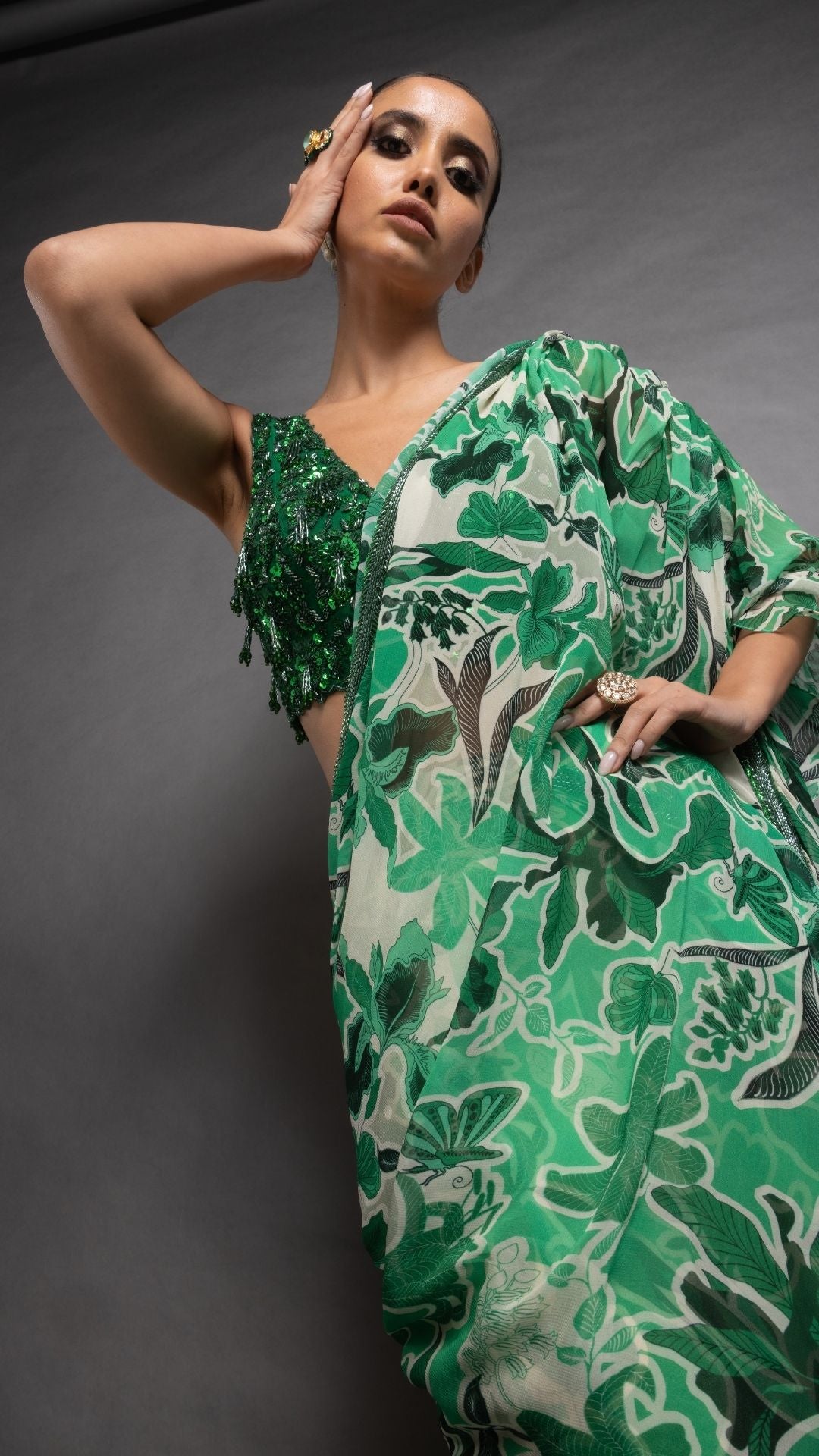 Green Floral Abstract Printed Big Frill Saree with Green V-Neck Embroidered Cutwork Blouse
