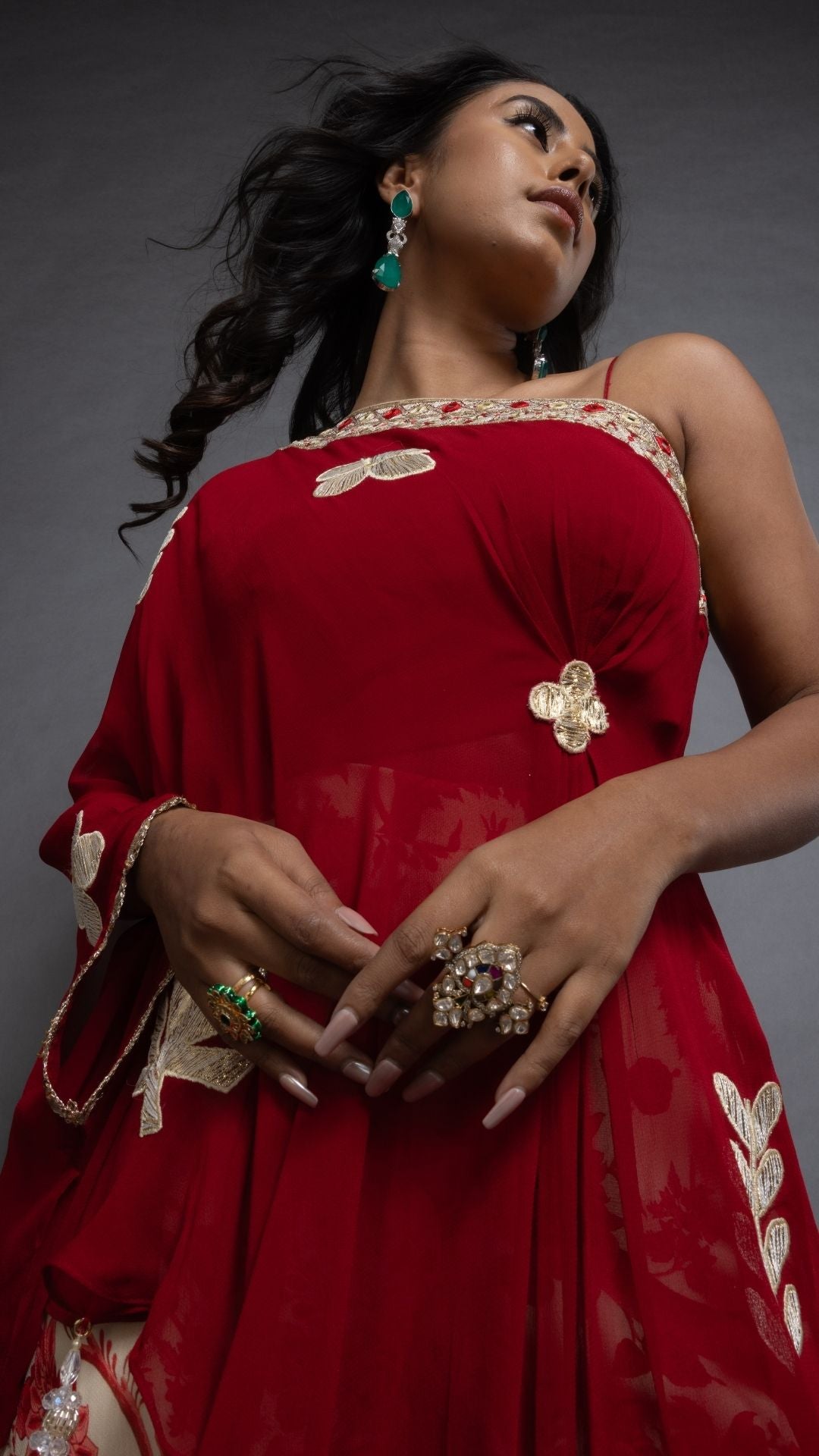 Red One Shoulder Embroidered Short Poncho with Bustier and Printed Crushed Sharara