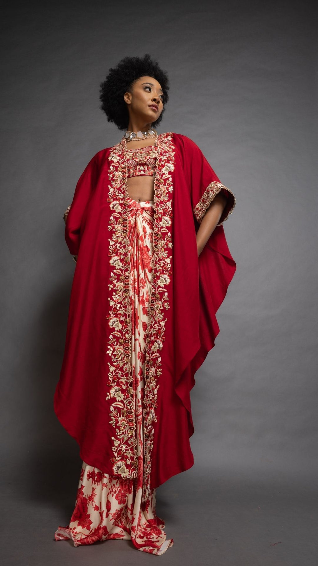 Red Silk Cutwork Embroiderd Cape with Red Embroidered Bustier and Modal Printed Drape Skirt