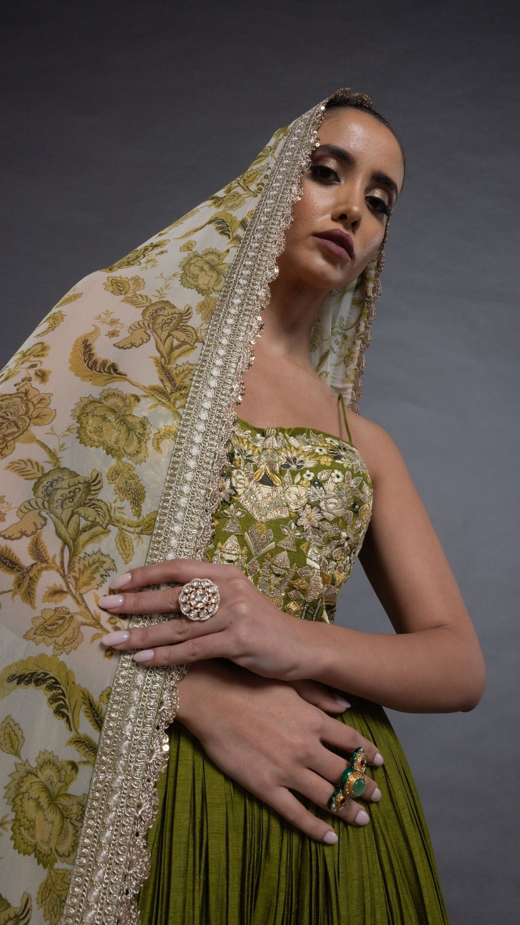 Olive Embroidered Half Cup Bralette Kalidar with Churidar and Printed Dupatta
