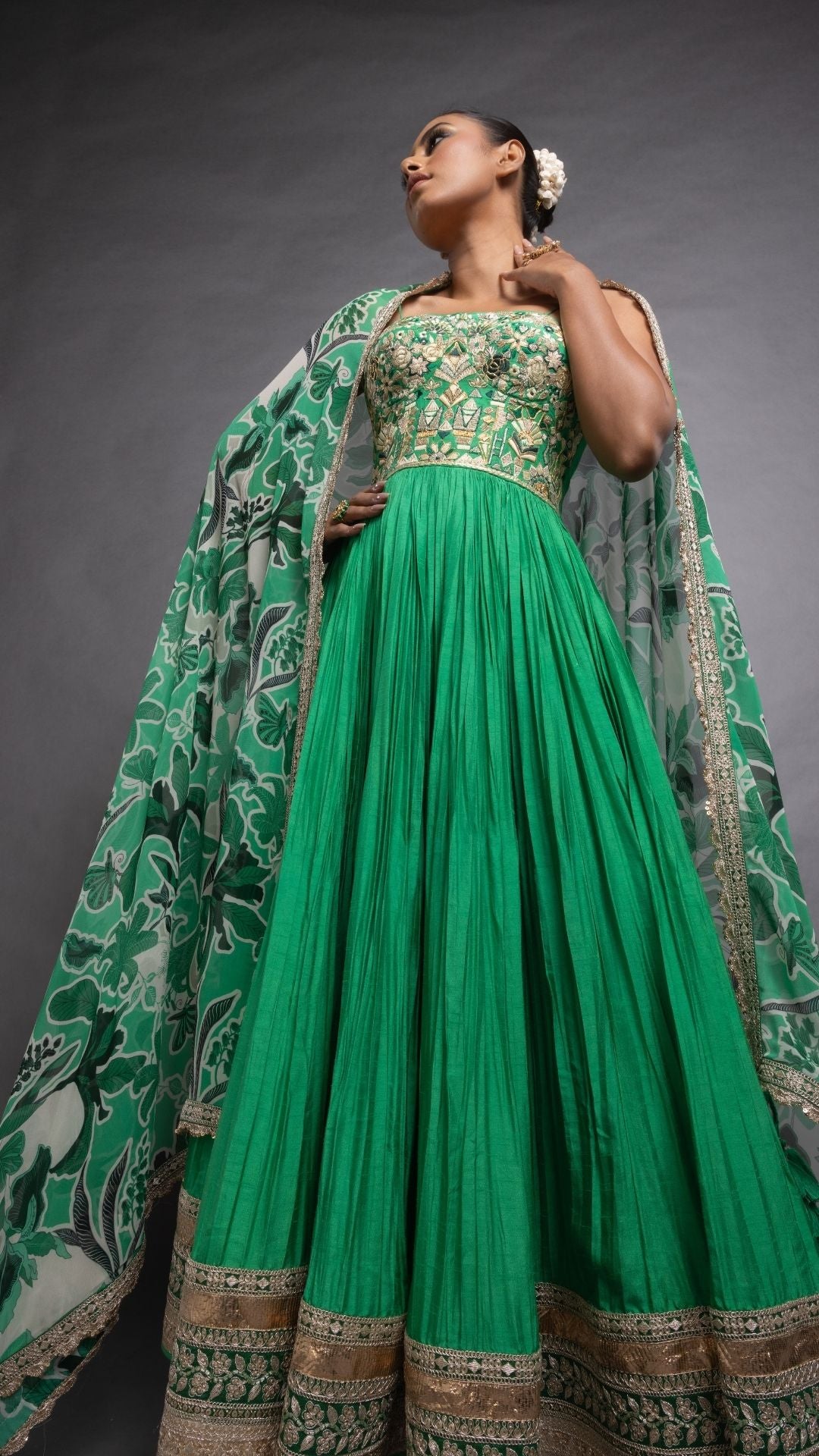 Green Embroidered Half Cup Bralette Kalidar with Churidar and Printed Dupatta