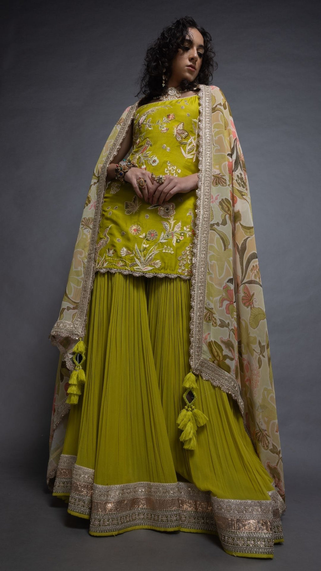 Lime Noodle Strap Kurta with Sharara and Printed Dupatta