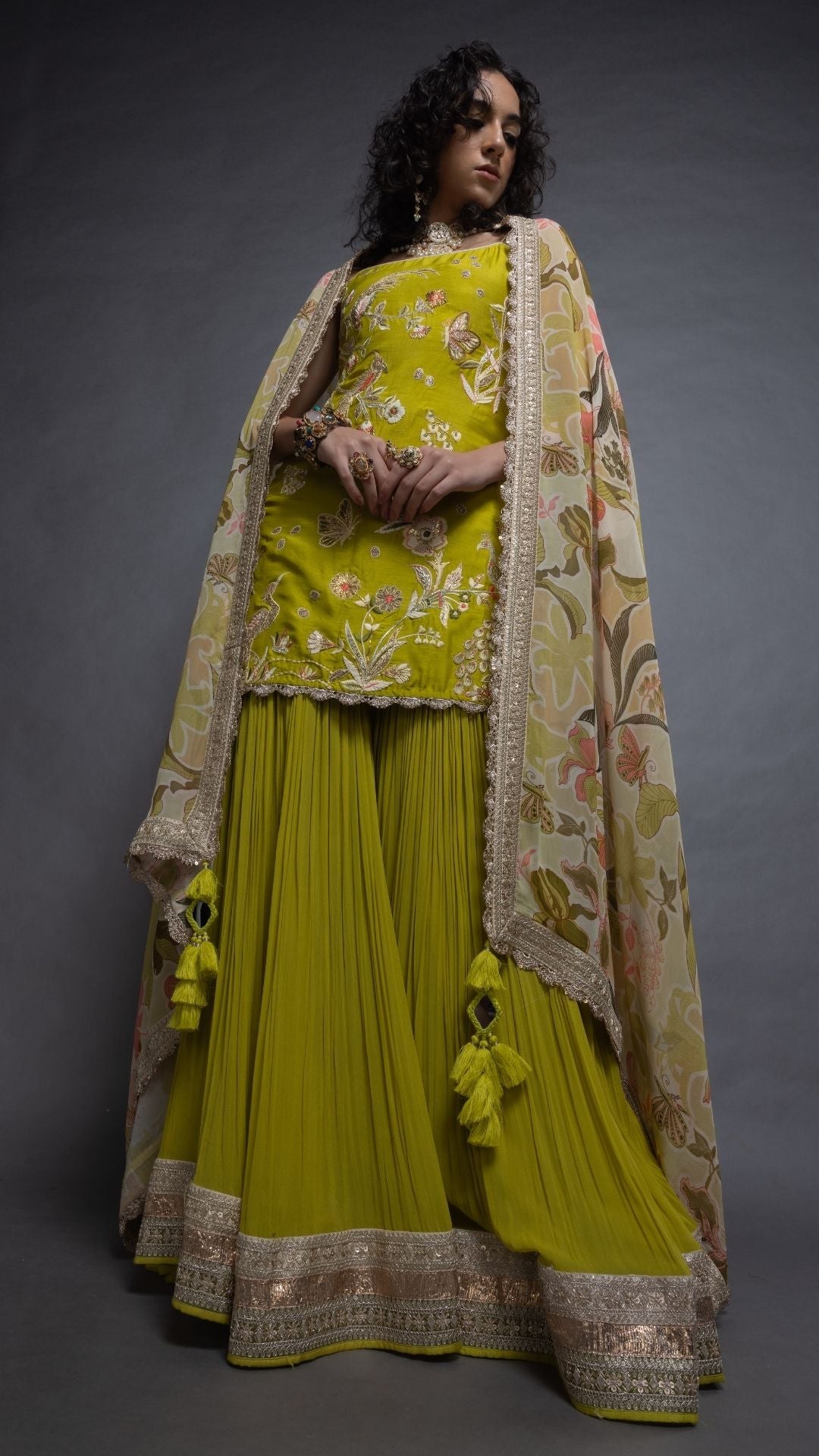 Lime Noodle Strap Kurta with Sharara and Printed Dupatta