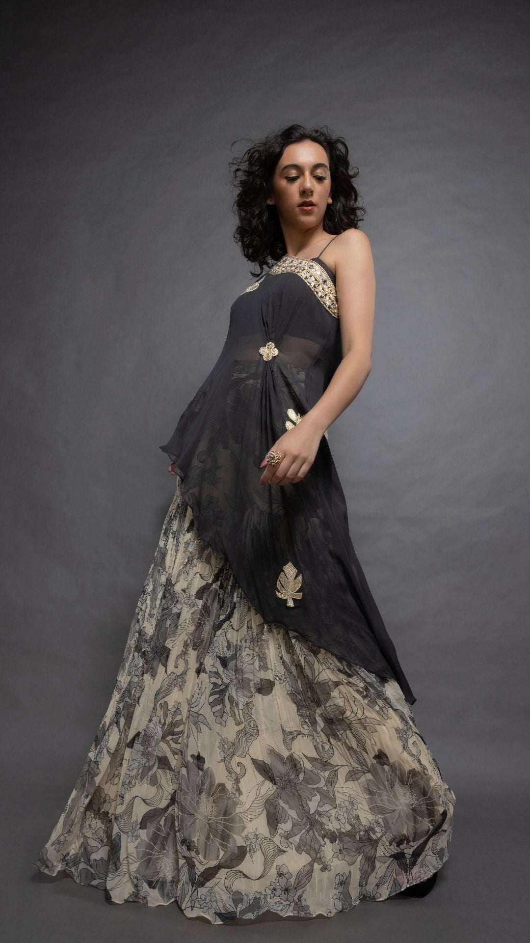 Grey One Shoulder Embroidered Short Poncho with Bustier and Printed Crushed Sharara
