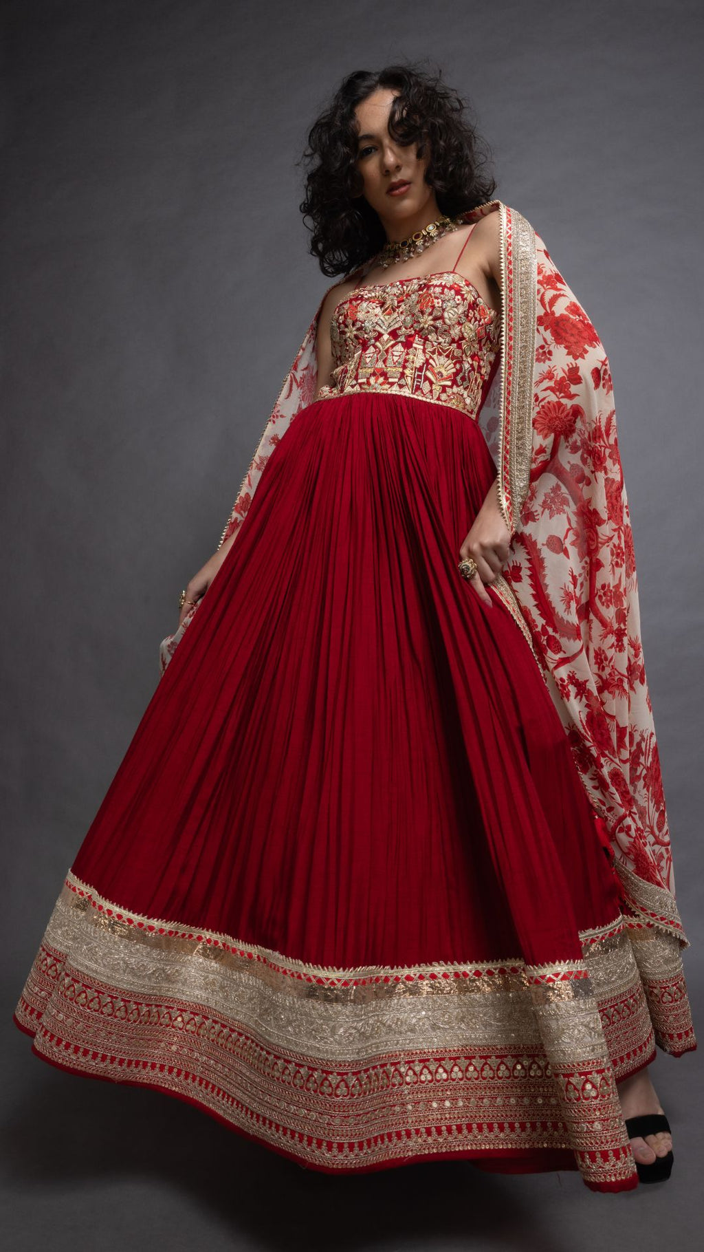 Red Embroidered Half Cup Bralette Kalidar with Churidar and Printed Dupatta
