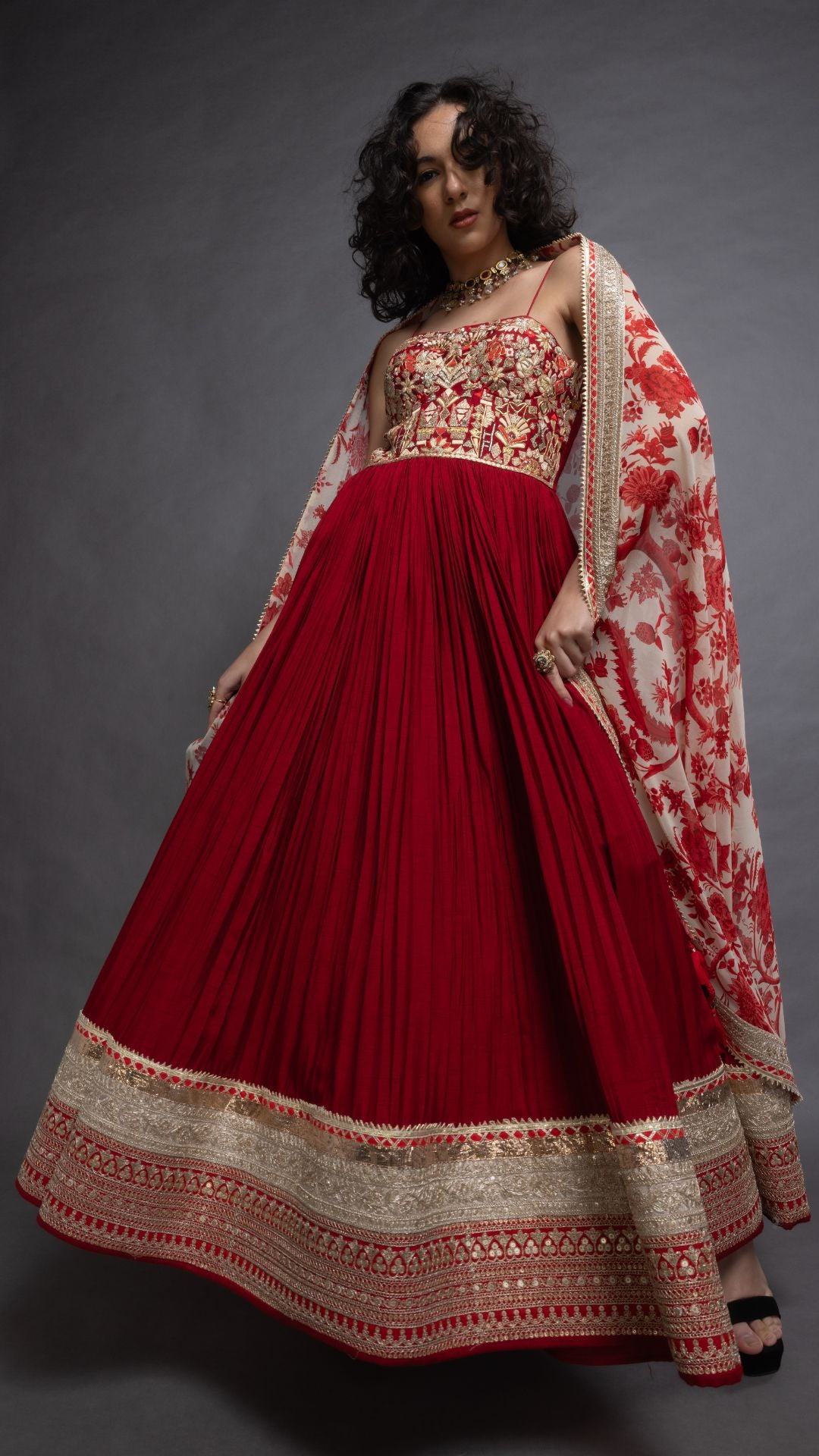 Red Embroidered Half Cup Bralette Kalidar with Churidar and Printed Dupatta