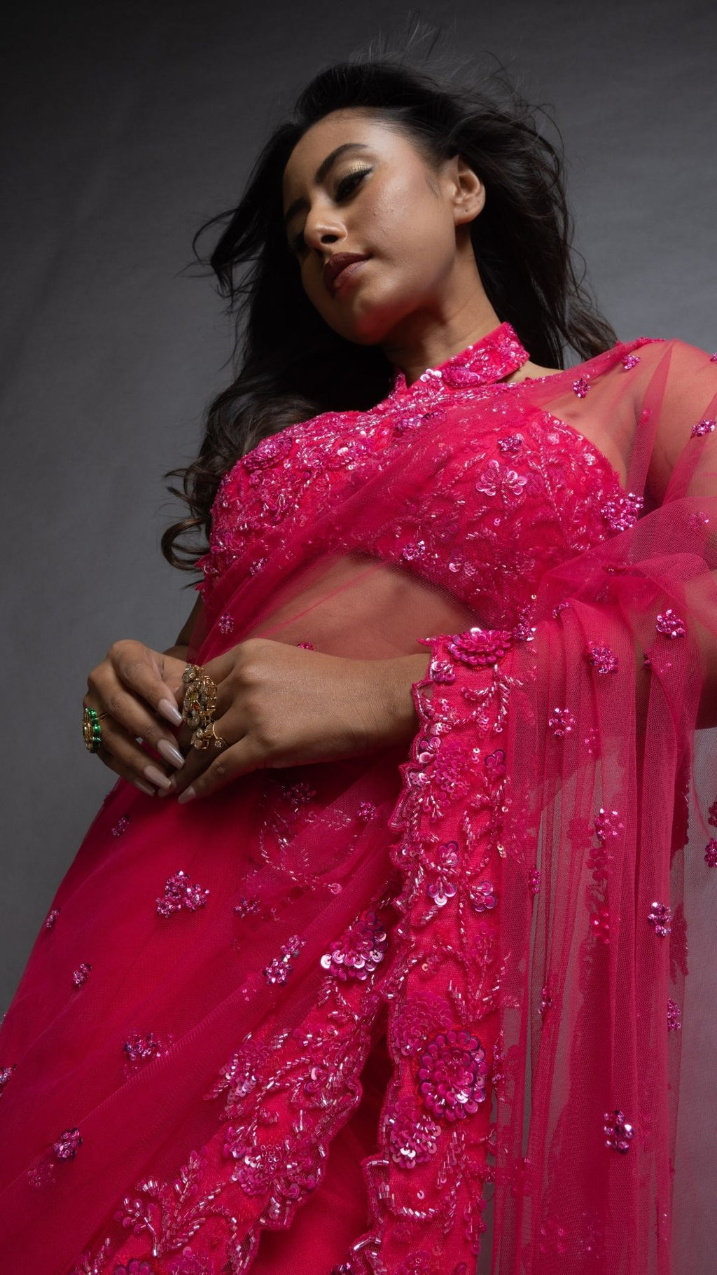 Pink Embroidered Around The Neck Choli with Pink Embroidered Pre-Stitched Saree