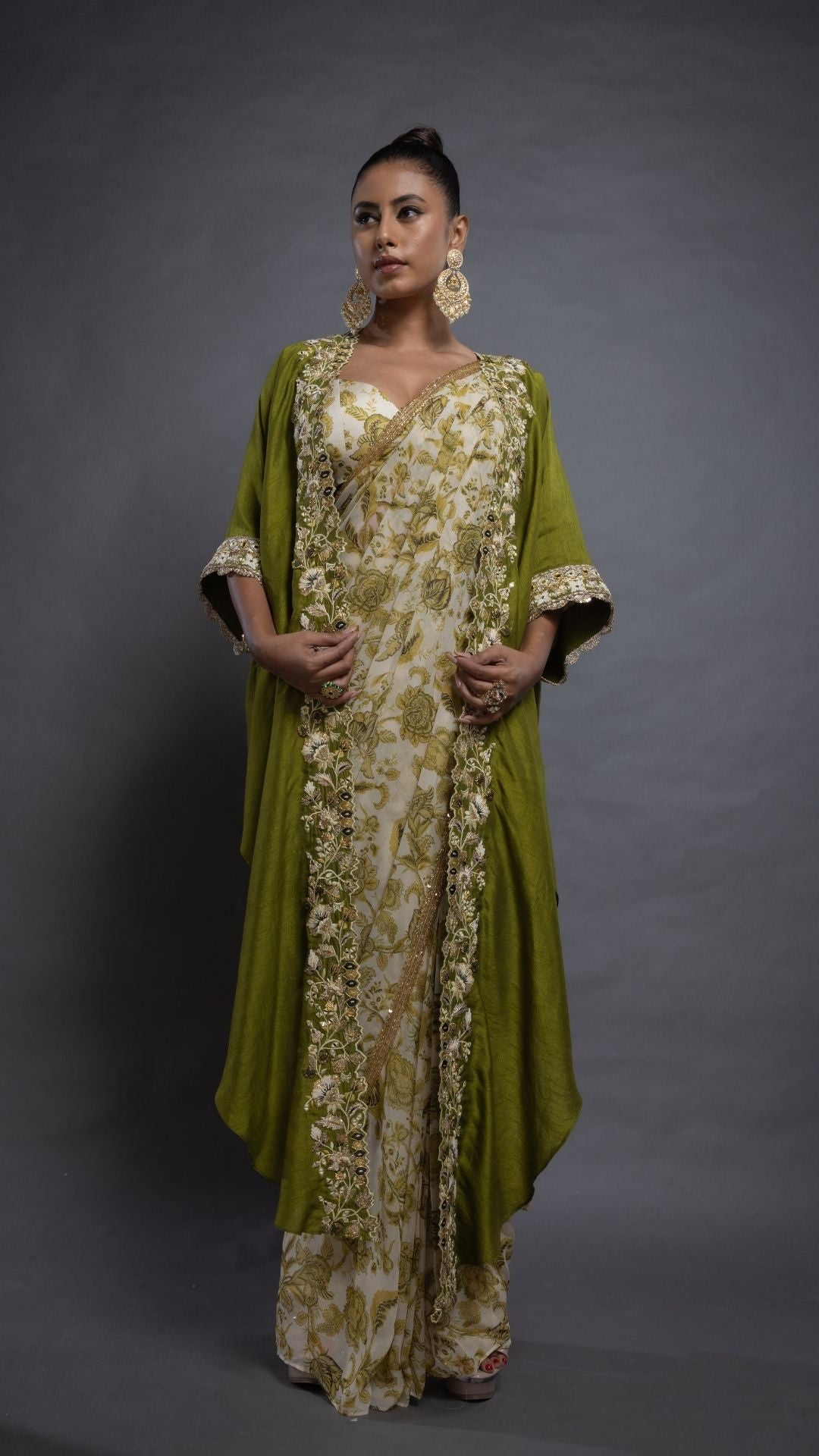 Olive Printed Saree with Printed Bustier and Cutwork Cape with Slit Sleeve