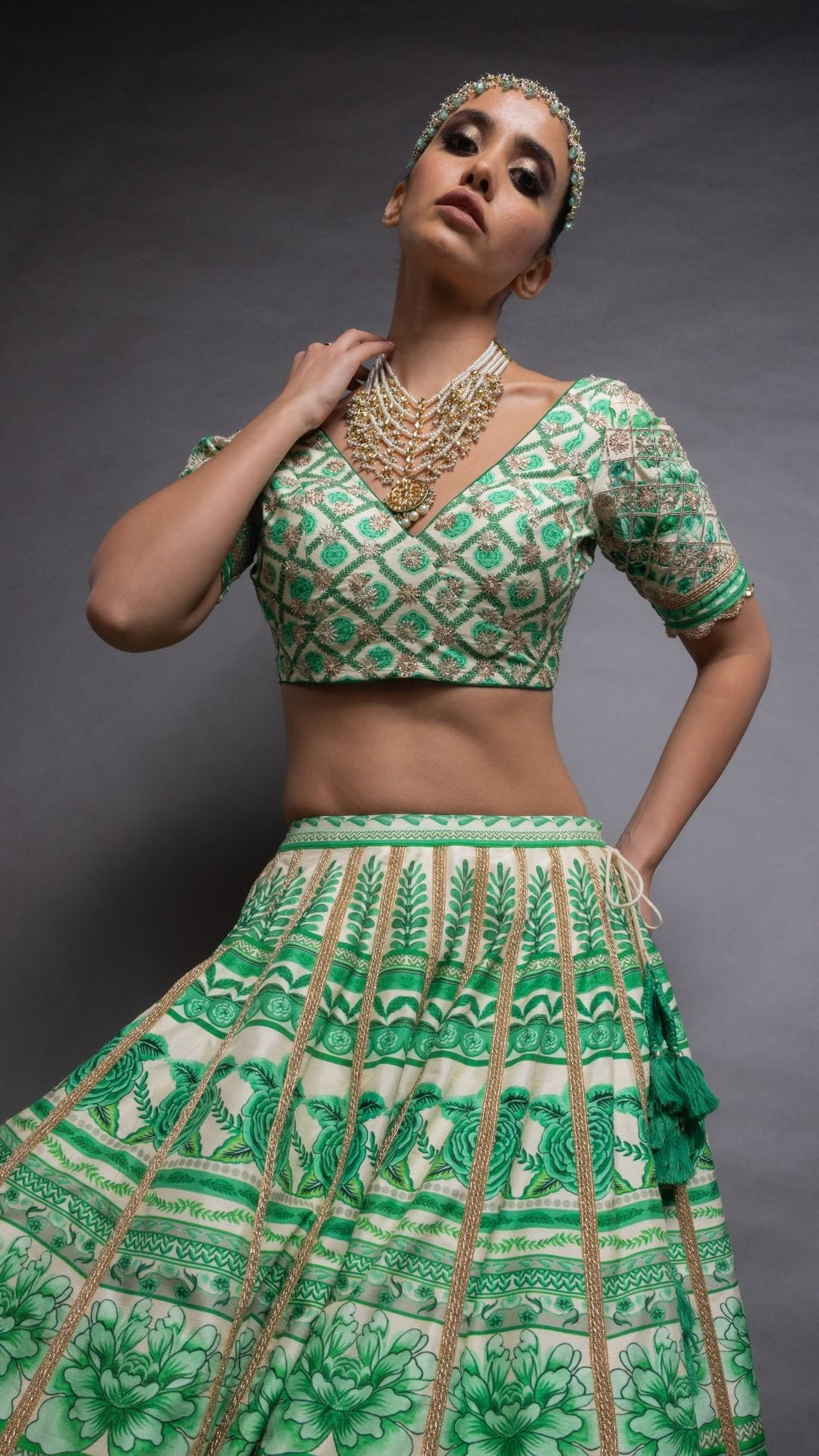Green Floral Placement Printed V Neck Half Sleeves Blouse with Floral Placement Printed Lehenga and Dupatta