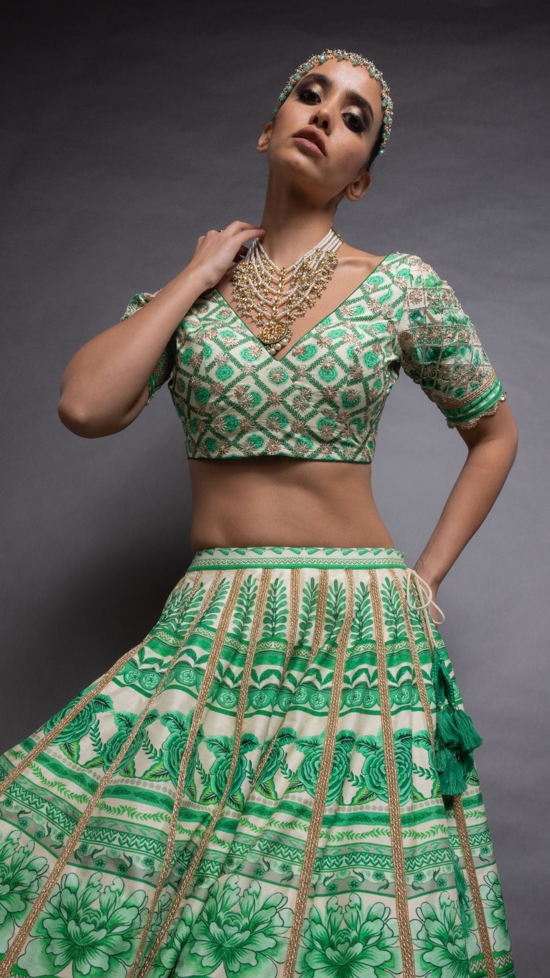 Green Floral Placement Printed V Neck Half Sleeves Blouse with Floral Placement Printed Lehenga and Dupatta