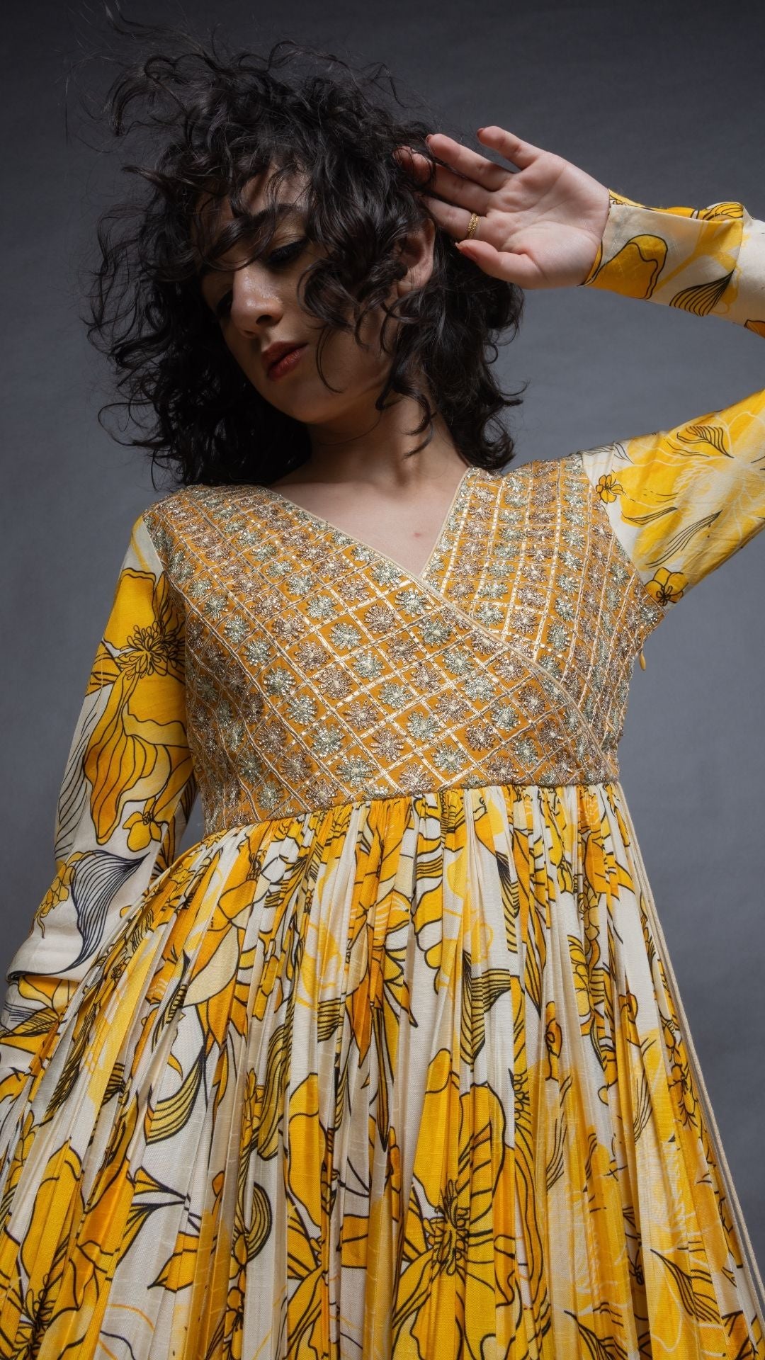 Mustard Embroidered Mock Tie-Up Yoke and Floral Abstract Printed Angrakha with Solid Mustard Pant and Dupatta