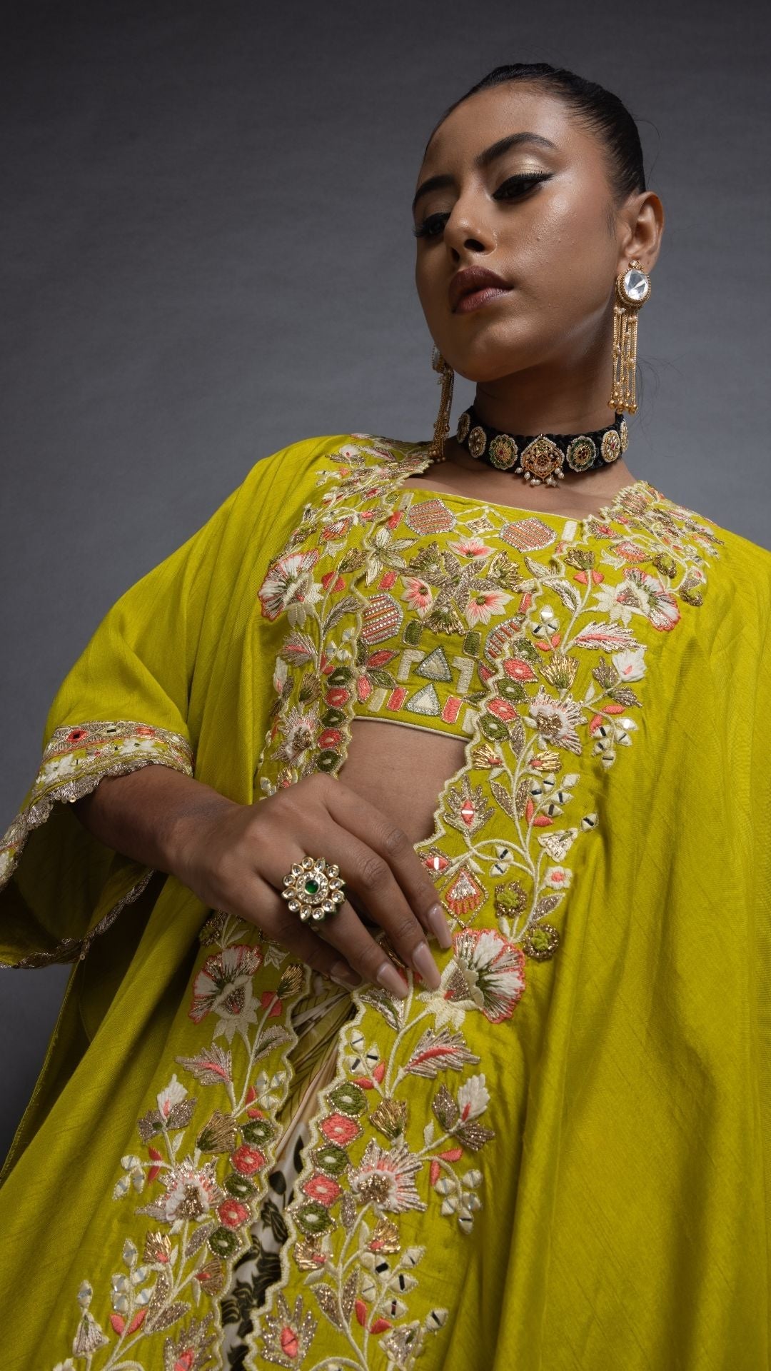 Olive Silk Cutwork Embroiderd Cape with Olive Embroidered Bustier and Modal Printed Drape Skirt
