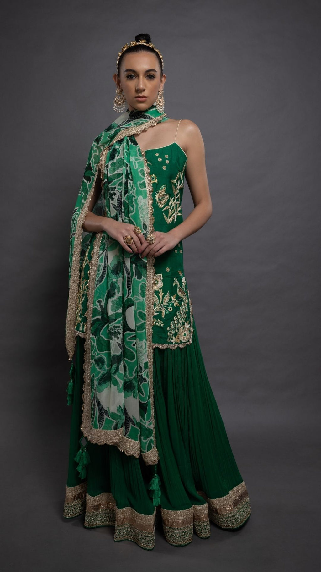 Green Noodle Strap Kurta with Sharara and Printed Dupatta