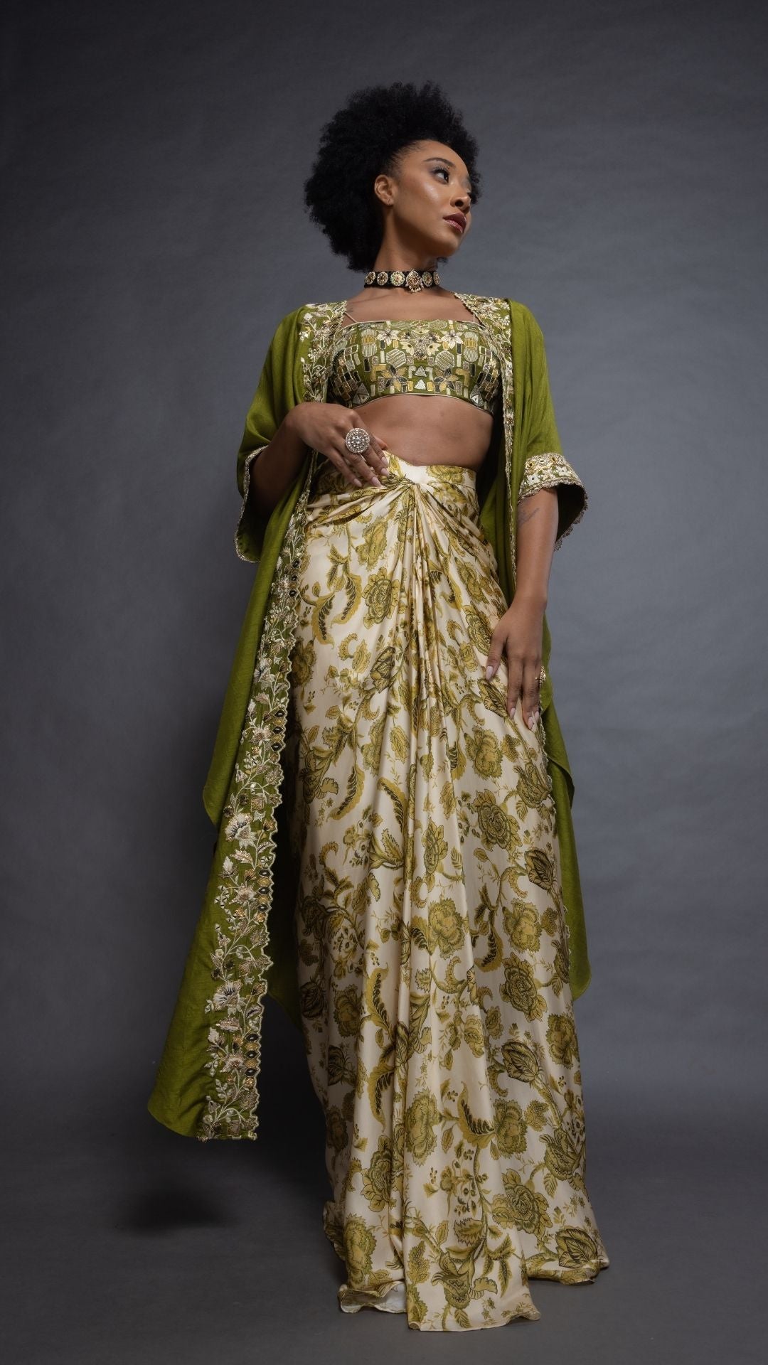 Olive Silk Cutwork Cape with Embroidered Bustier and Printed Modal Drape Skirt