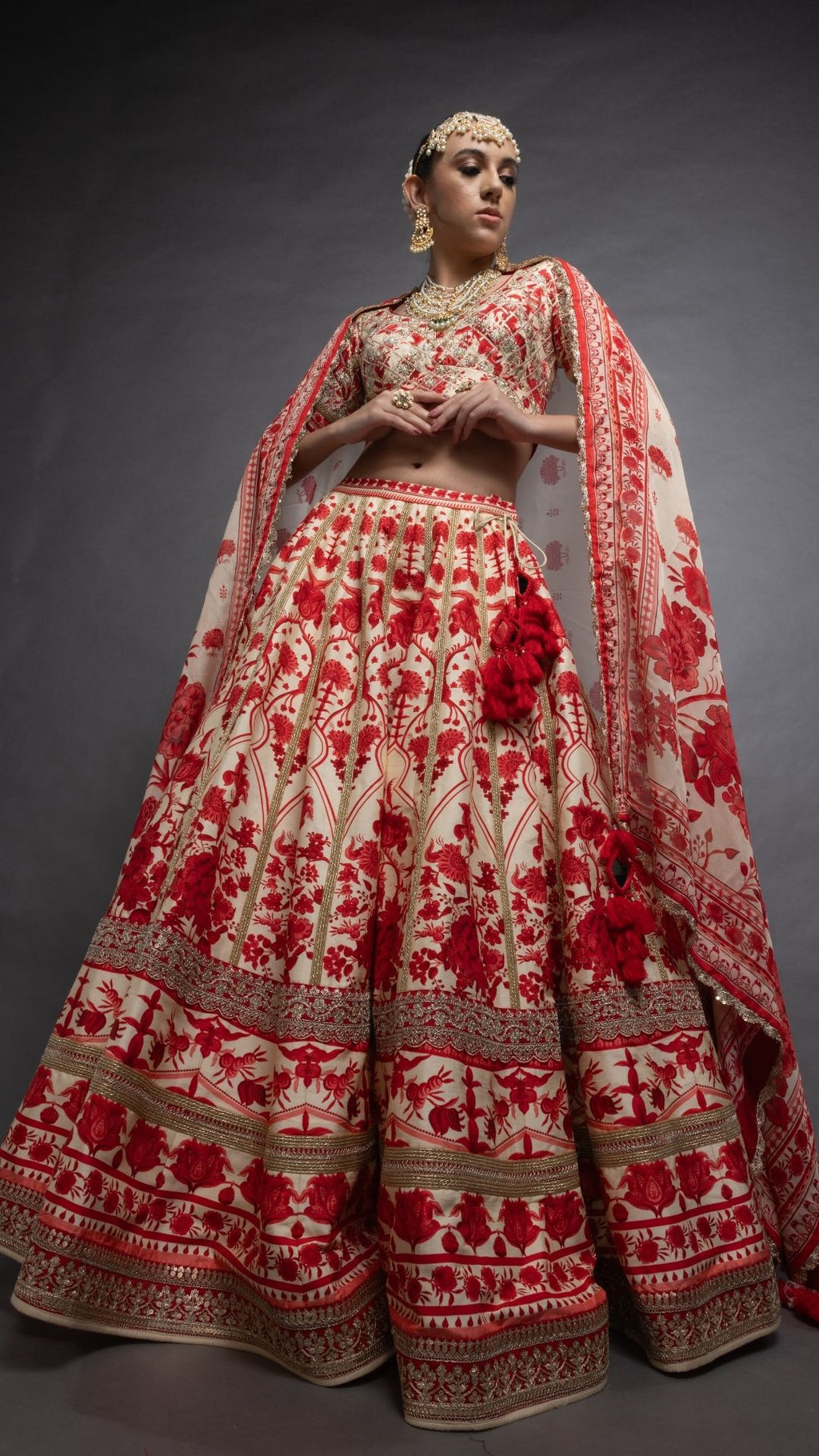 Red Floral Placement Printed Paan Neck Half Sleeves Blouse with Floral Placement Printed Lehenga and Dupatta